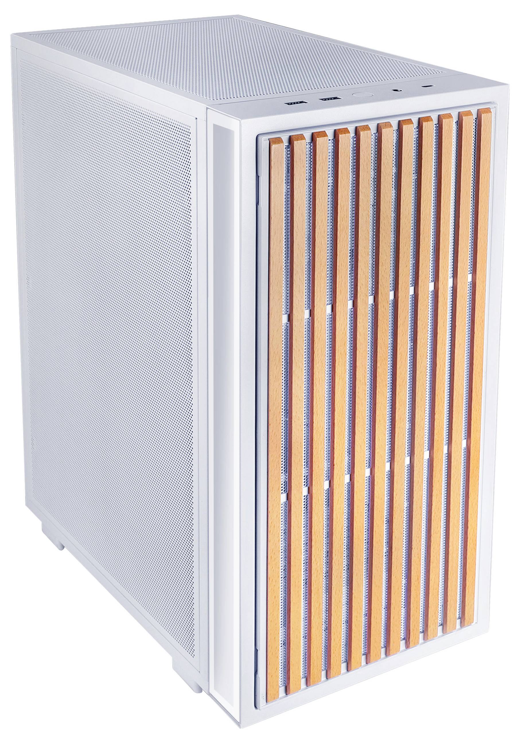 Bílá počítačová věž/skříň serveru s oranžovým předním mřížkou a bočním ventilačním panelem, zobrazené na prostém pozadí.