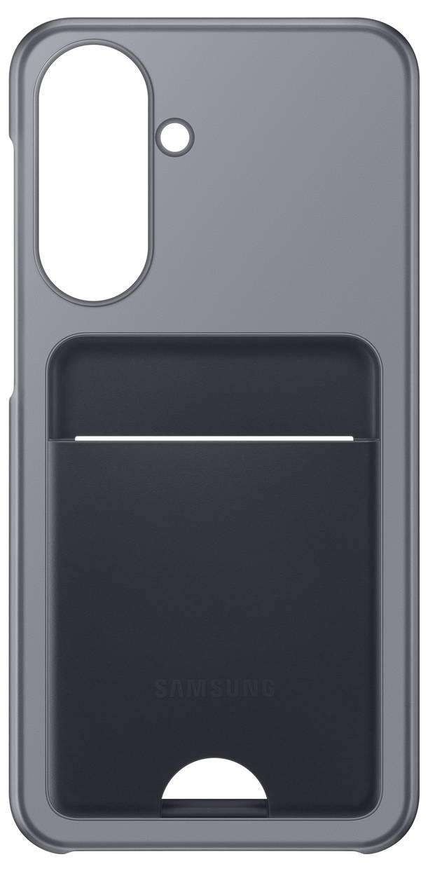 Šedý obal na telefon Samsung s velkým oválným výřezem pro kameru a černým předním kapsou nebo panelem na držení karet
