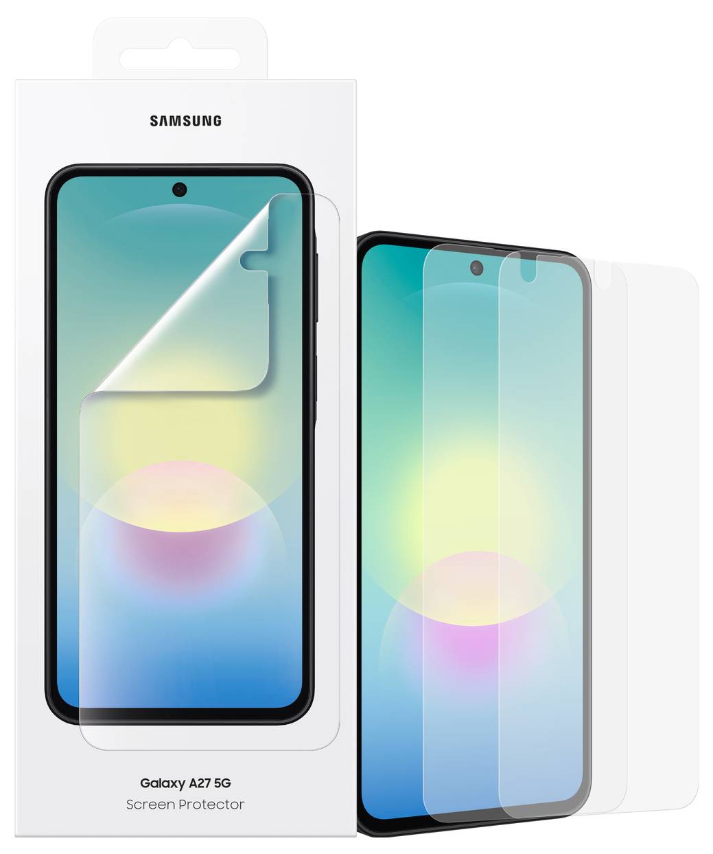 Ochranný kryt obrazovky Samsung Galaxy A27 5G zobrazený v balení s dvěma čirými ochranami na modelech telefonů, jedním s oddělitelnou folií, v maloobchodním balení.