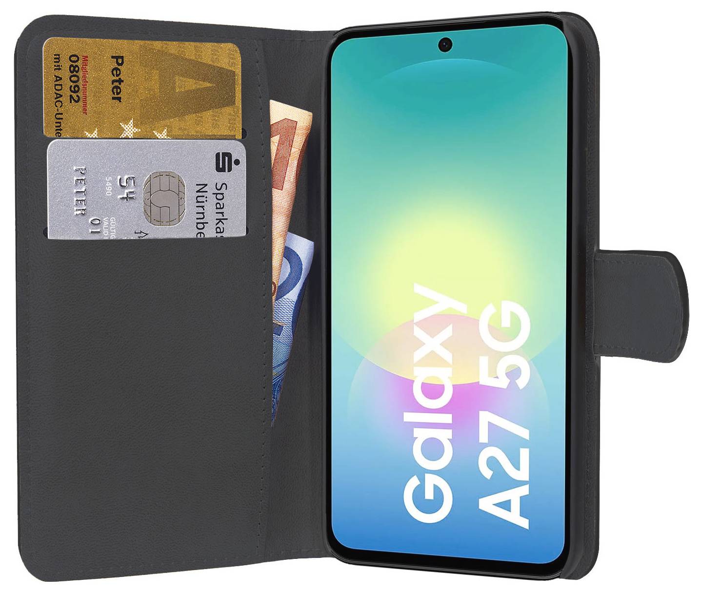 Černé pouzdro na telefon ve stylu peněženky s Samsung Galaxy A27 5G a kreditními kartami, s viditelnou obrazovkou vpravo.