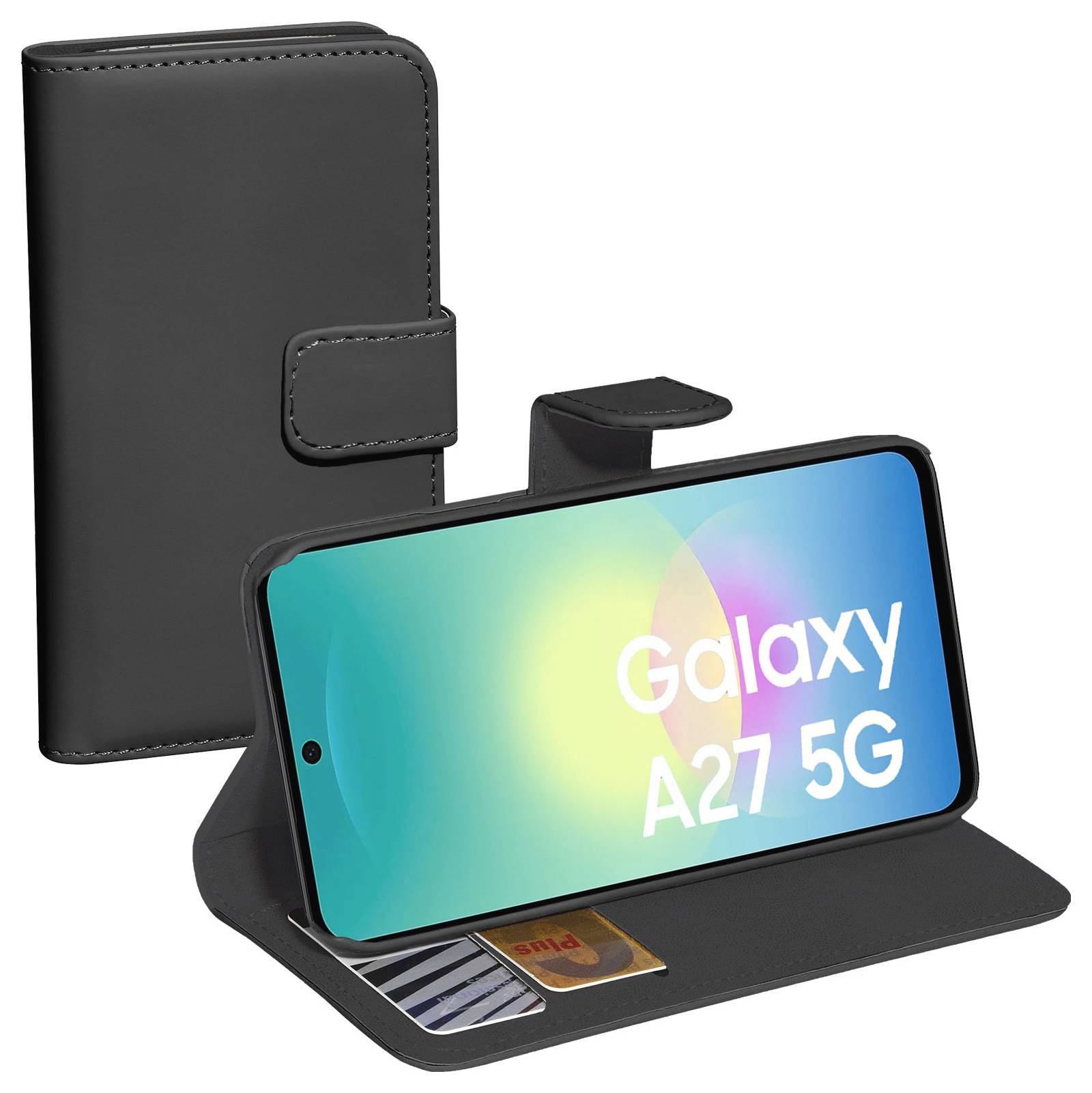 Černý telefon Samsung Galaxy A27 5G v kryjím stojanu s přihrádkami na karty, zobrazený otevřený v krajině se zapnutou obrazovkou.