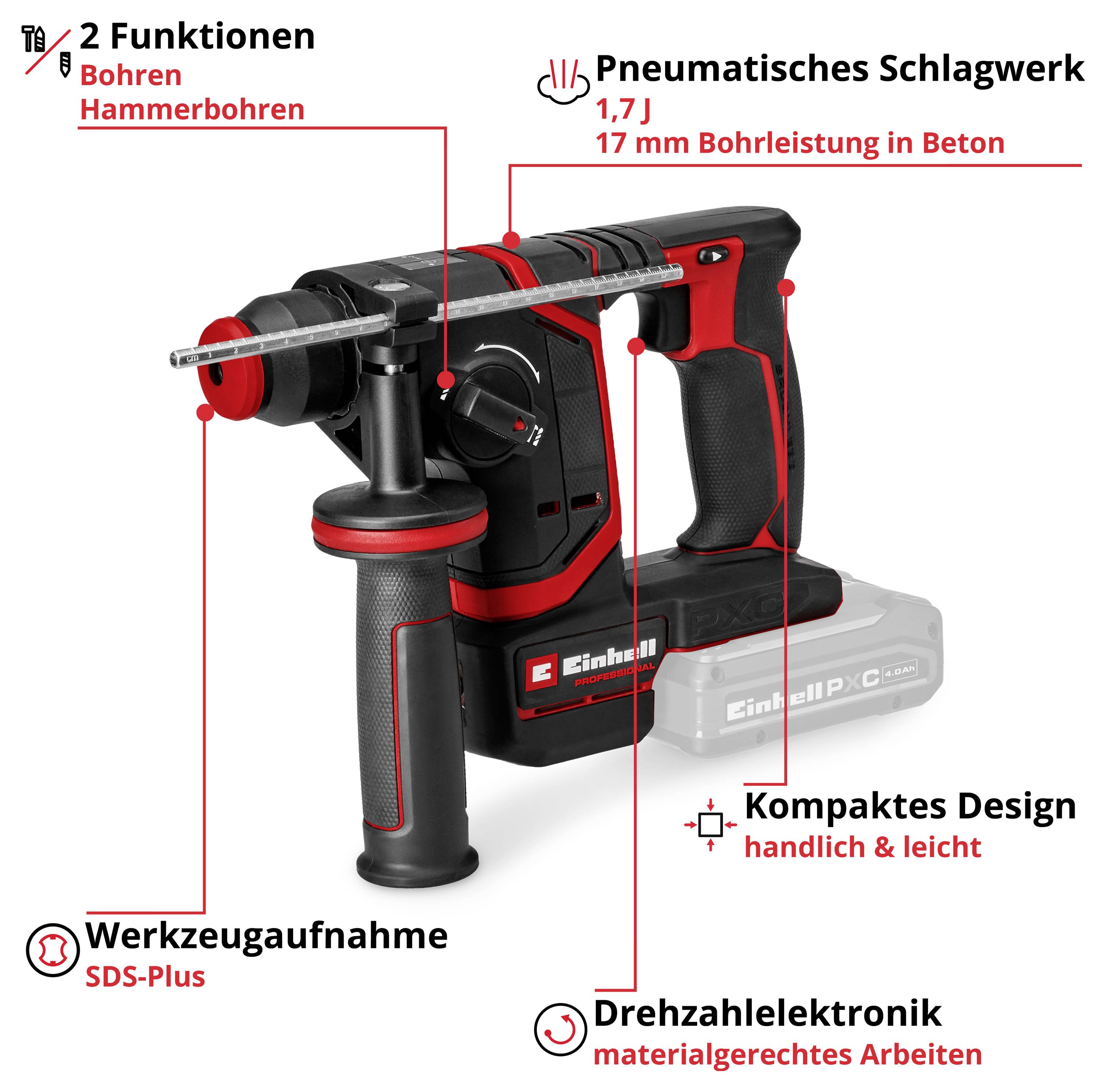 Akumulátorvý pneumatický vrtací kladivo s SDS-Plus: 2 funkce Vrtání/Vrtání s pracím, 1,7 J, 17 mm v betonu, kompaktní lehký design, regulace otáček a upínání nástrojů.