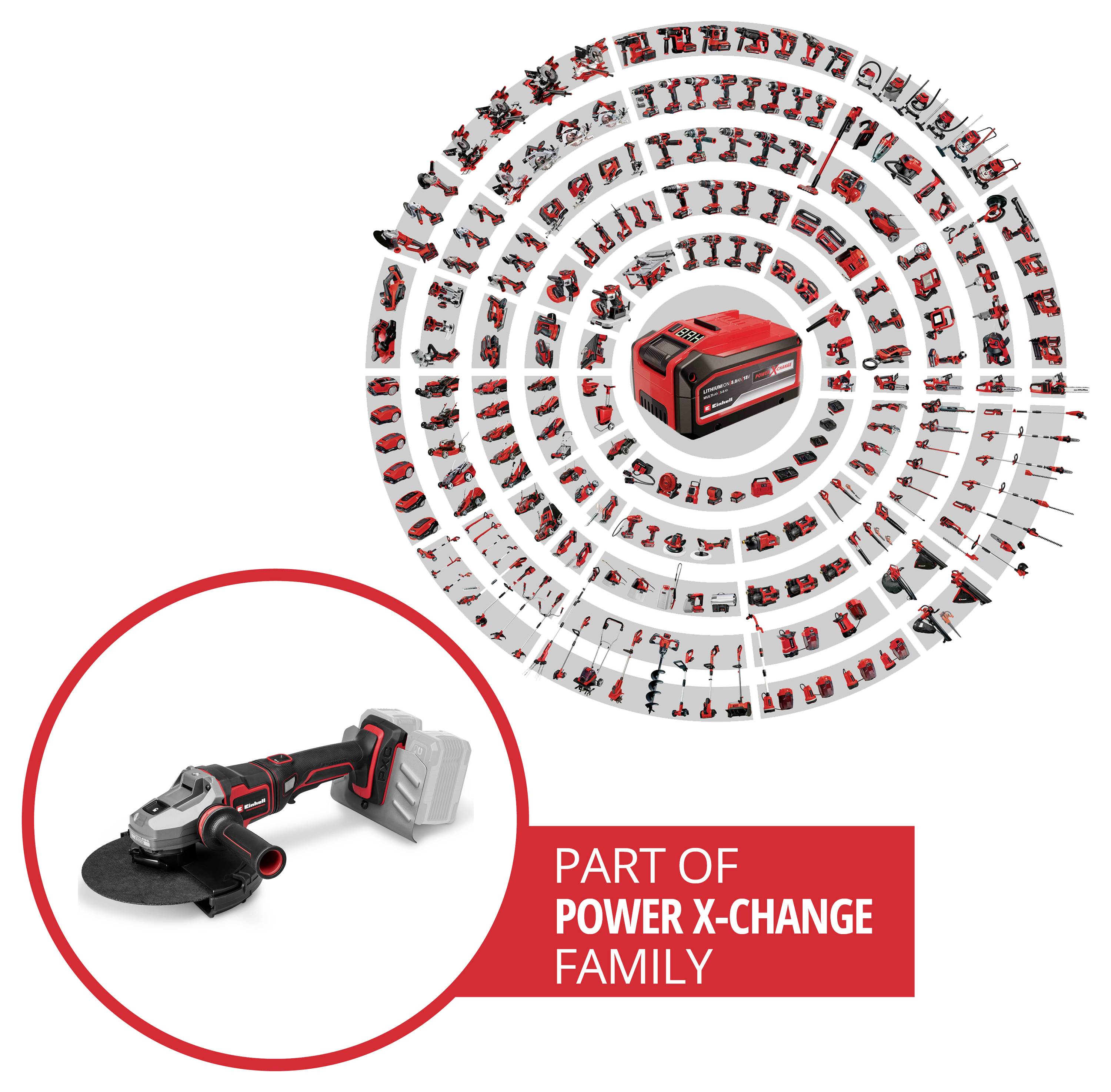 Infografika zobrazující rodinu bezšňůrových nástrojů Power X-Change s mnoha kompatibilními černo-červenými nástroji uspořádanými v kruhovém uspořádání kolem centrálního akumulátoru a zvýrazněné úhlové brusky níže.