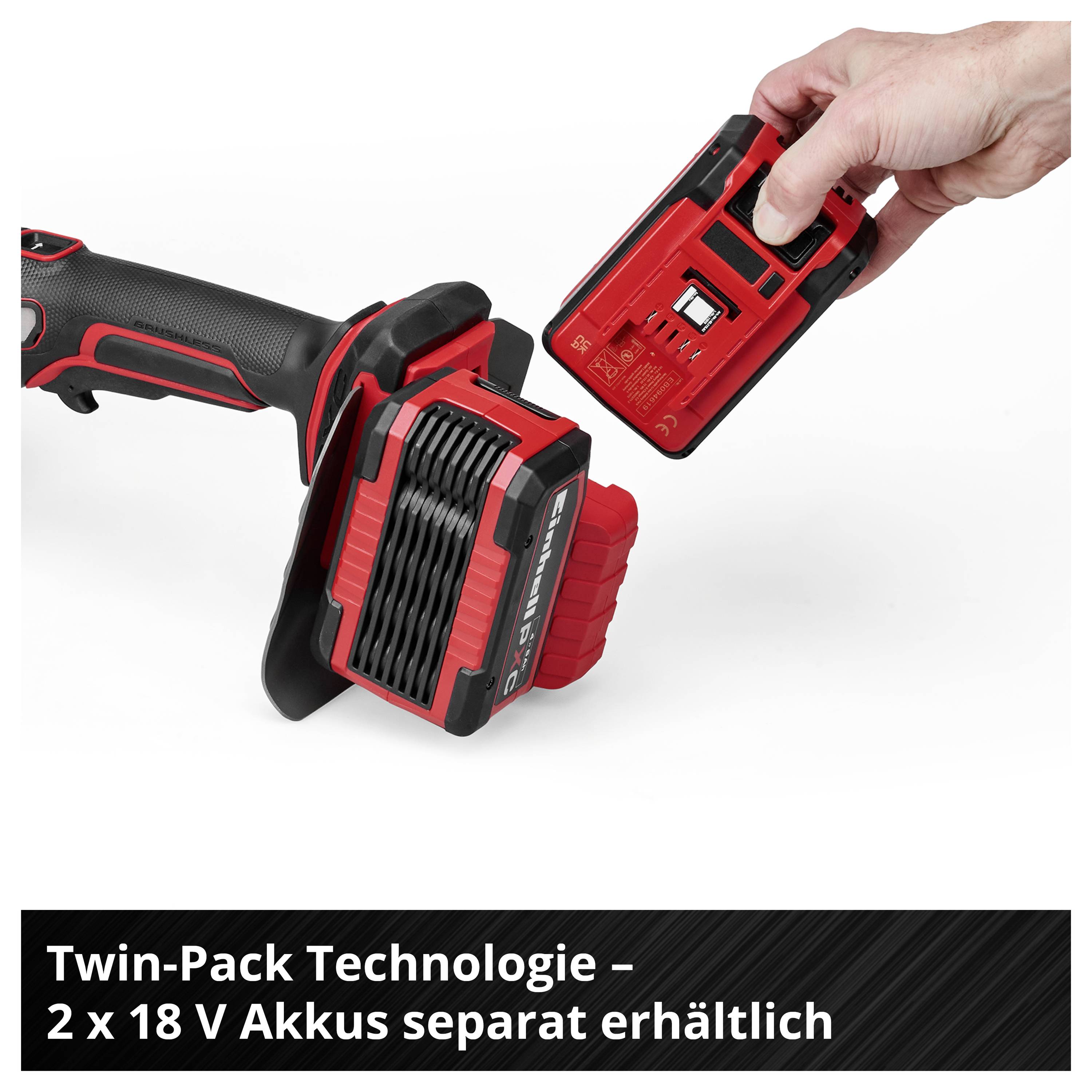 Akumulátorový vrtací šroubovák s vyjmutou 18V baterií; Poznámka: 'Technologie Twin-Pack – 2 x 18V baterie dostupné samostatně'.