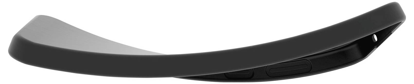Černé zakřivené ergonomické sedadlo nebo profil sedla zobrazený v bočním pohledu na bílém pozadí.