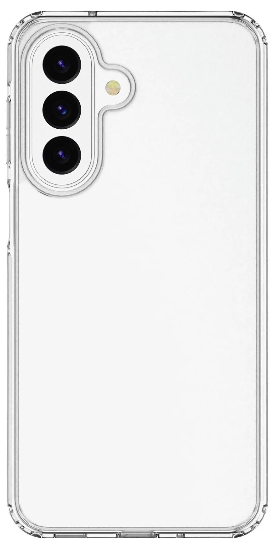 Transparentní pouzdro na telefon ukazující zadní stranu smartphonu s trojitým výřezem fotoaparátu a otvorem pro blesk.