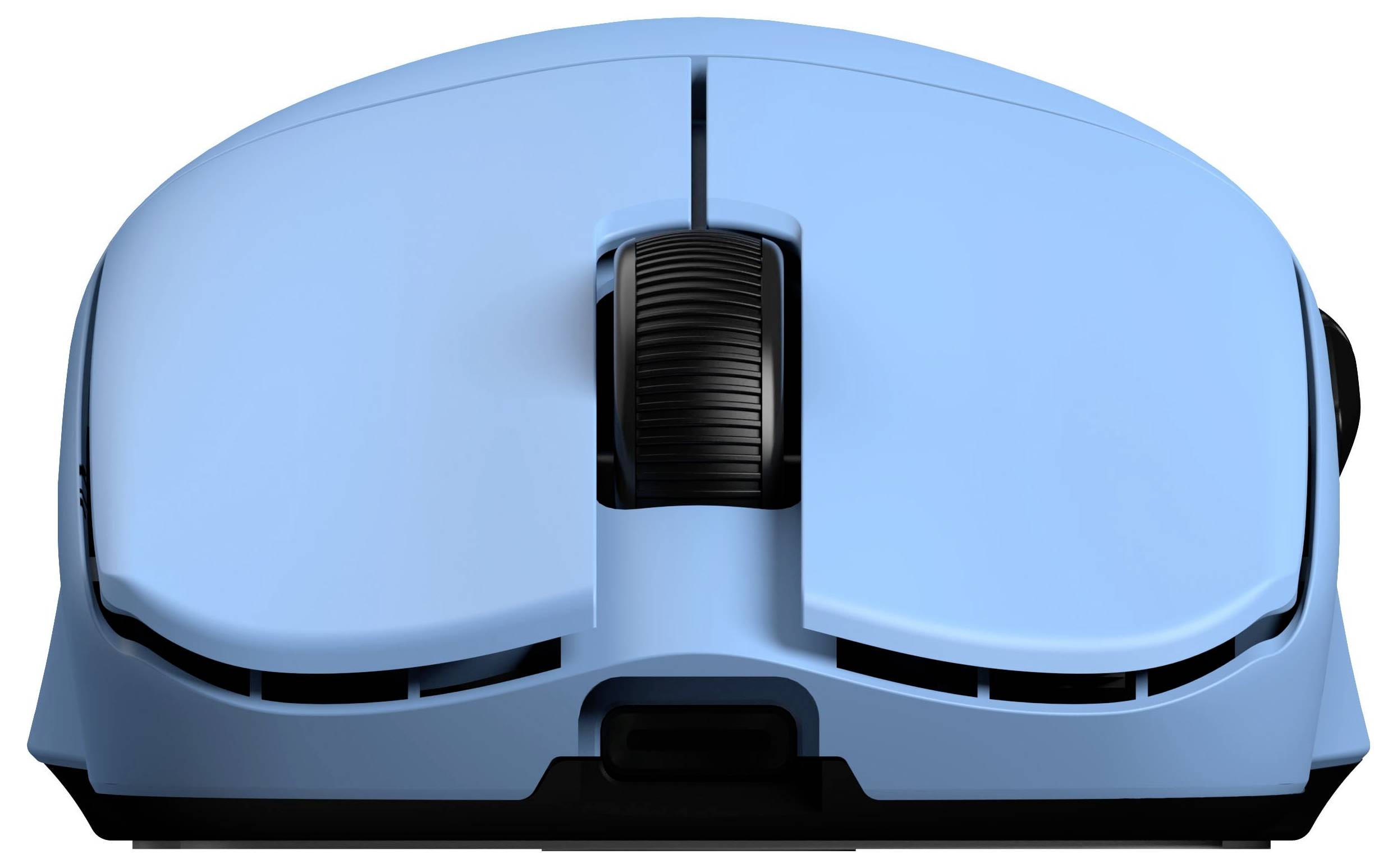 Modrá počítačová myš pohledem shora s centrálním kolečkem pro posouvání a černou základnou.