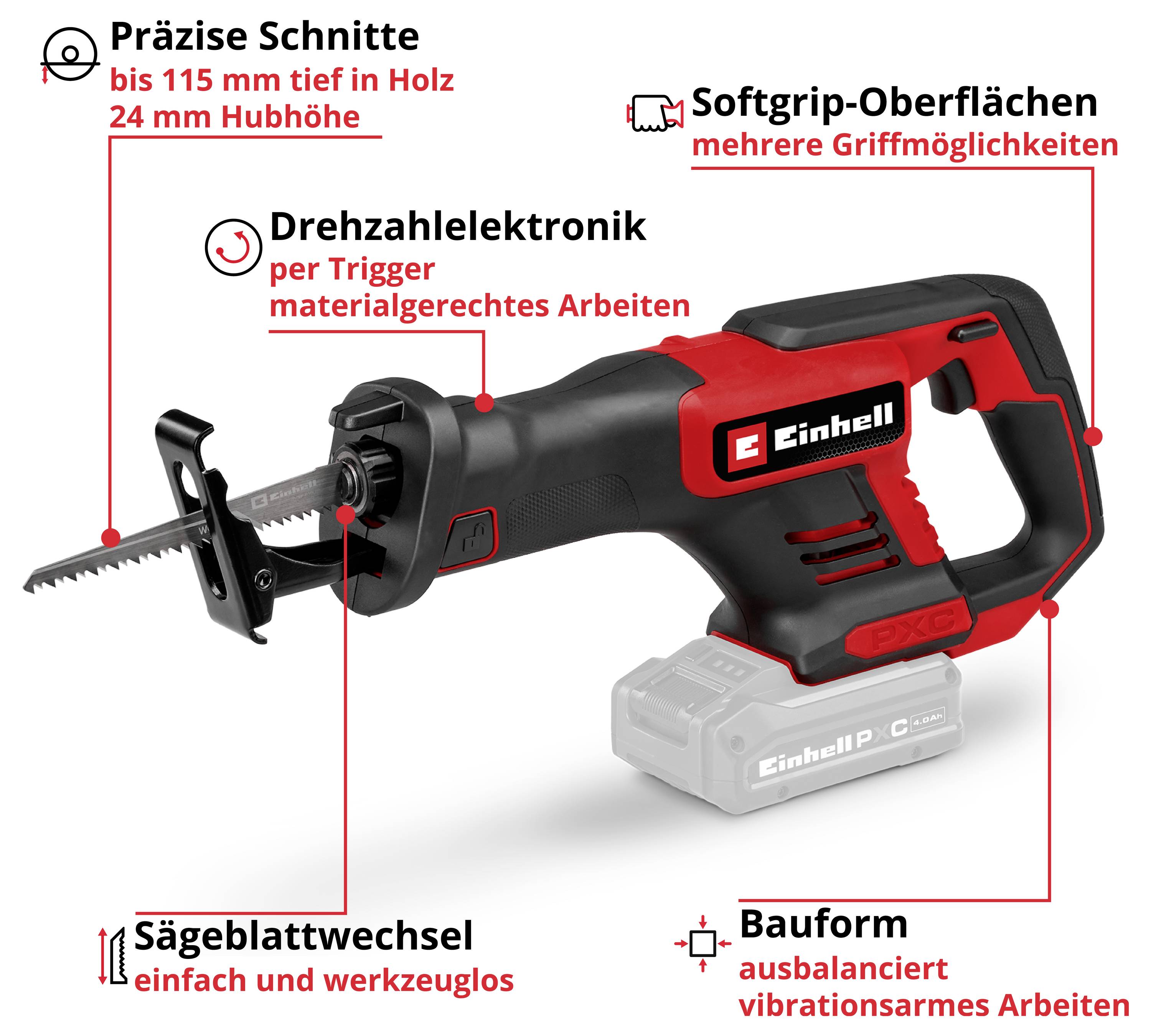 Zobrazena je Einhell akumulátorová pilka se šroubenkou s popisy funkcí: Přesné řezy až 115 mm, počet otáček ovládaný spouští, povrchy se soft gripem, bezeschlipsový výměna pilového listu a práce s nízkou vibrací.