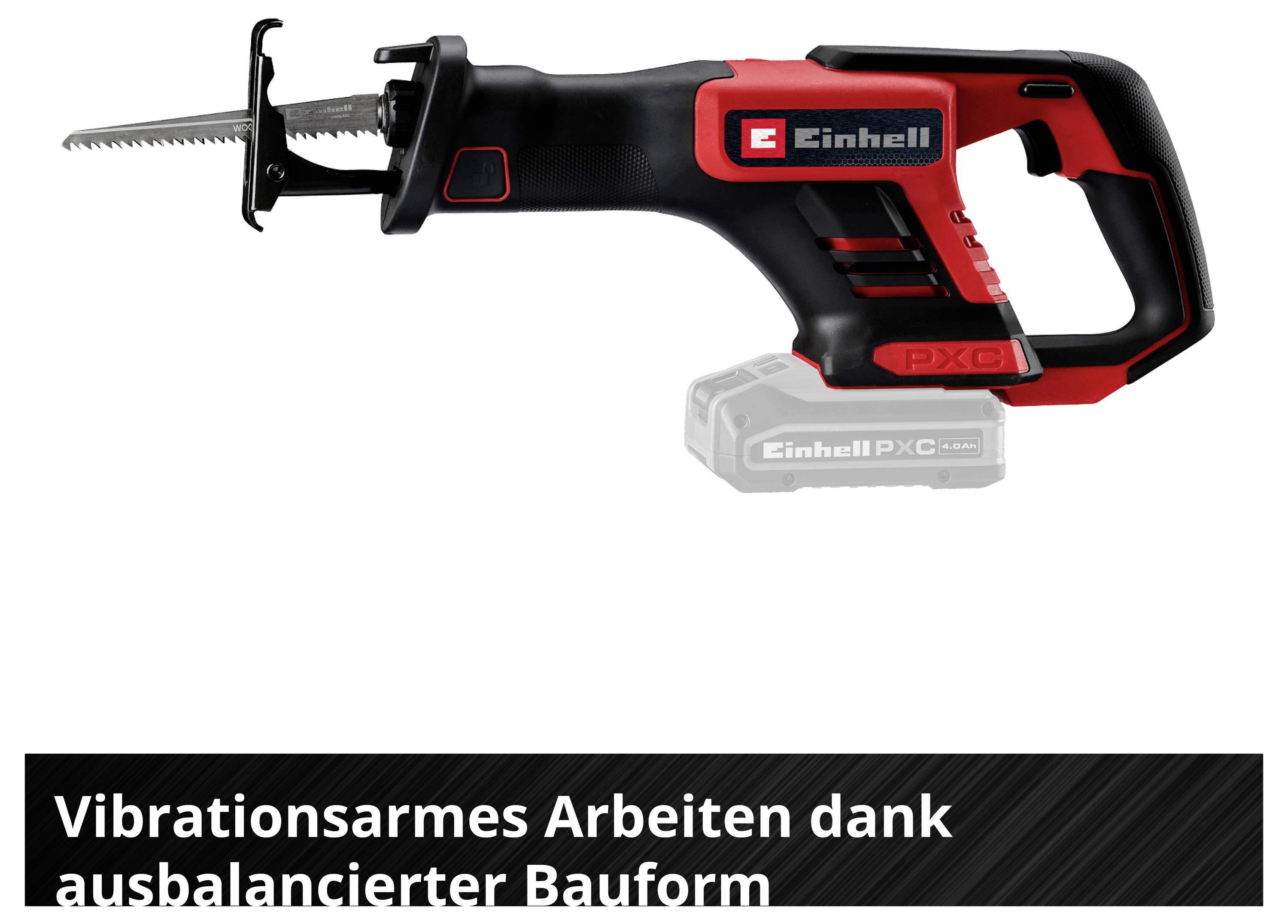 Einhell Akku-Pila ocasní s vloženým pilkovým listem; dole reklamní text: „Vibracemi málo zatížená práce díky vyváženému konstrukčnímu provedení"