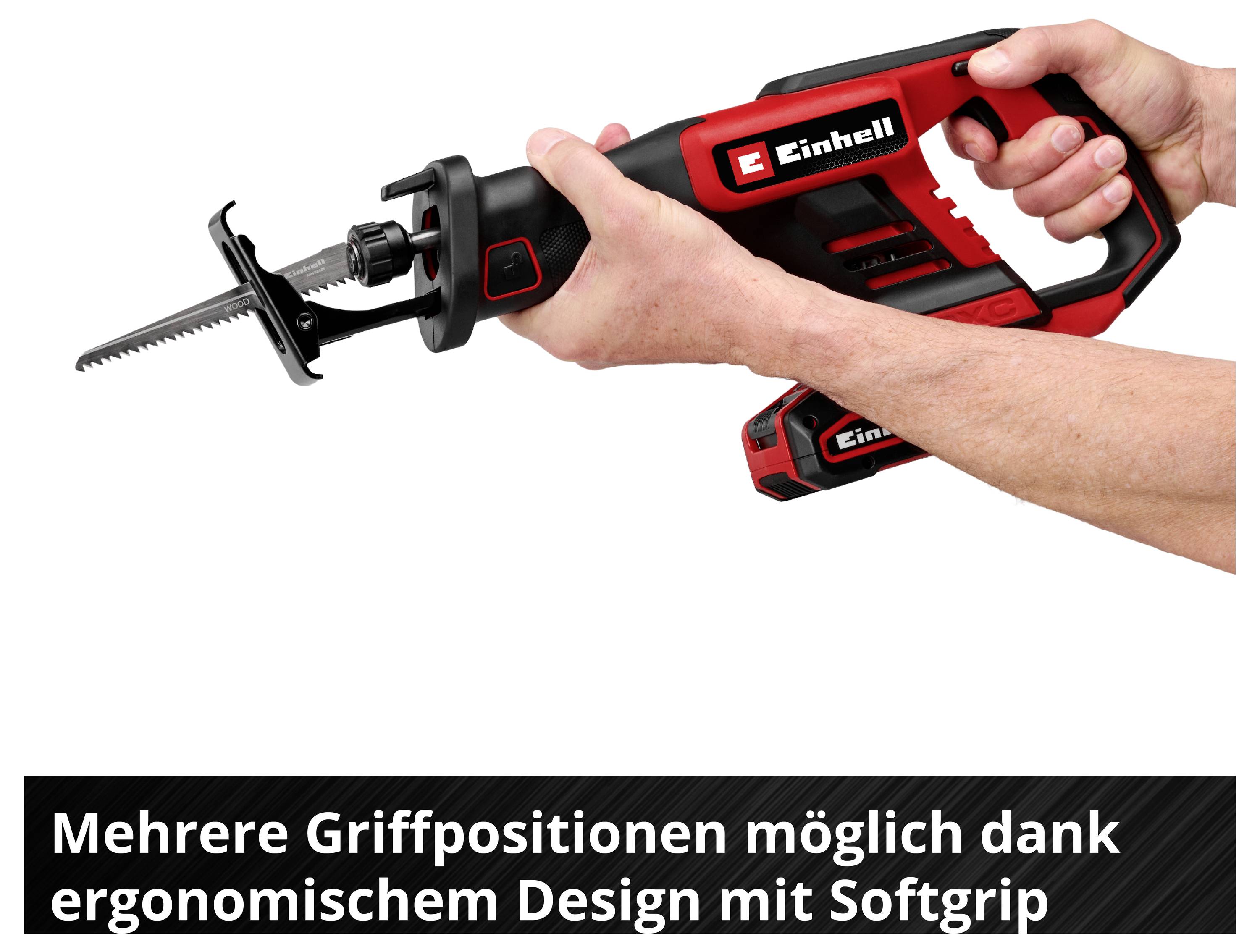 Červená pila Einhell se drží oběma rukama; Poznámka: „Možné více poloh úchopu díky ergonomickému designu s měkkým gripem".