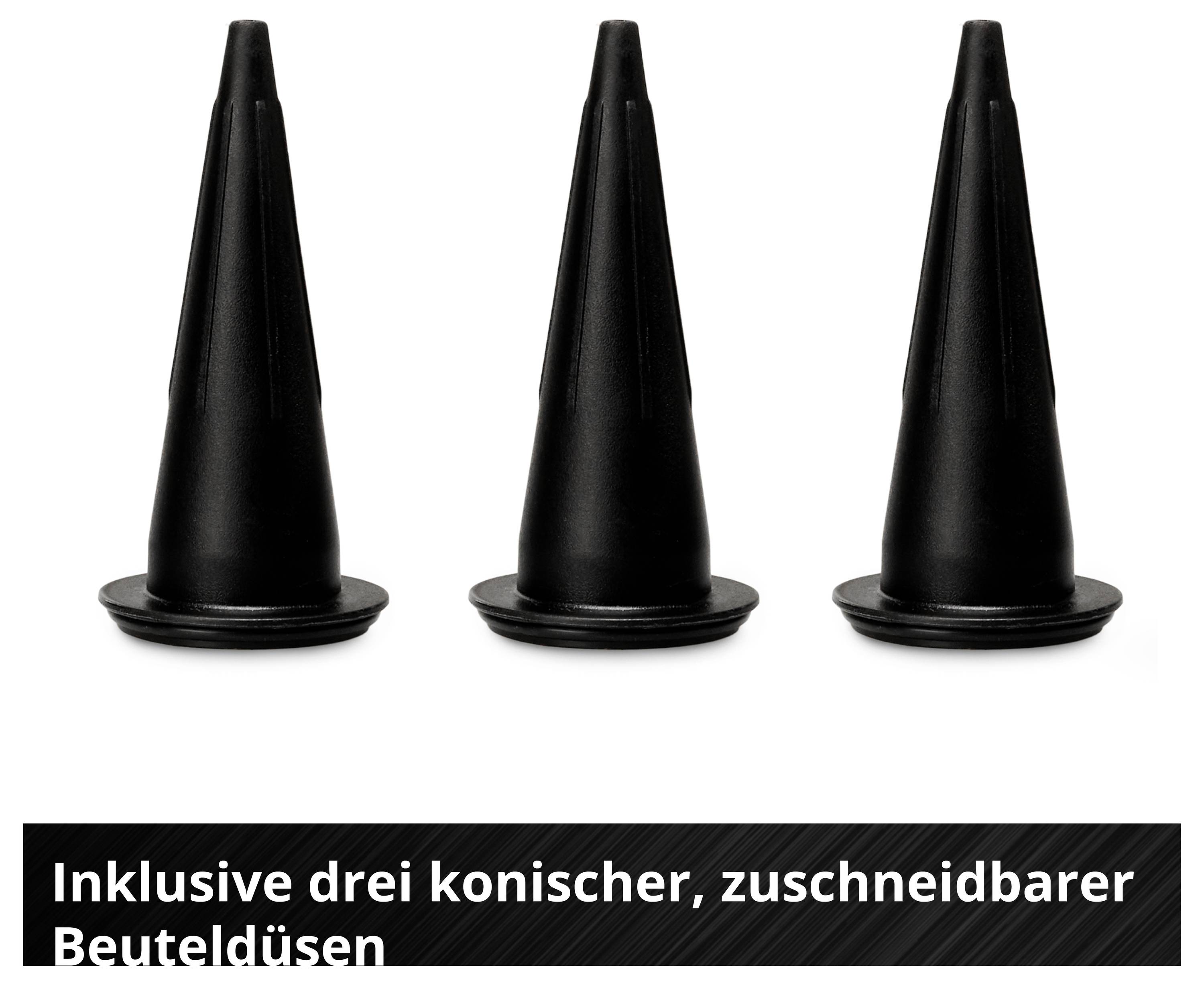 Tři černé, kuželovité, střihatelné pytlové hubice na bílém pozadí; pod nimi je napsáno „Včetně tří kuželovitých, střihatelných pytlových hubic".