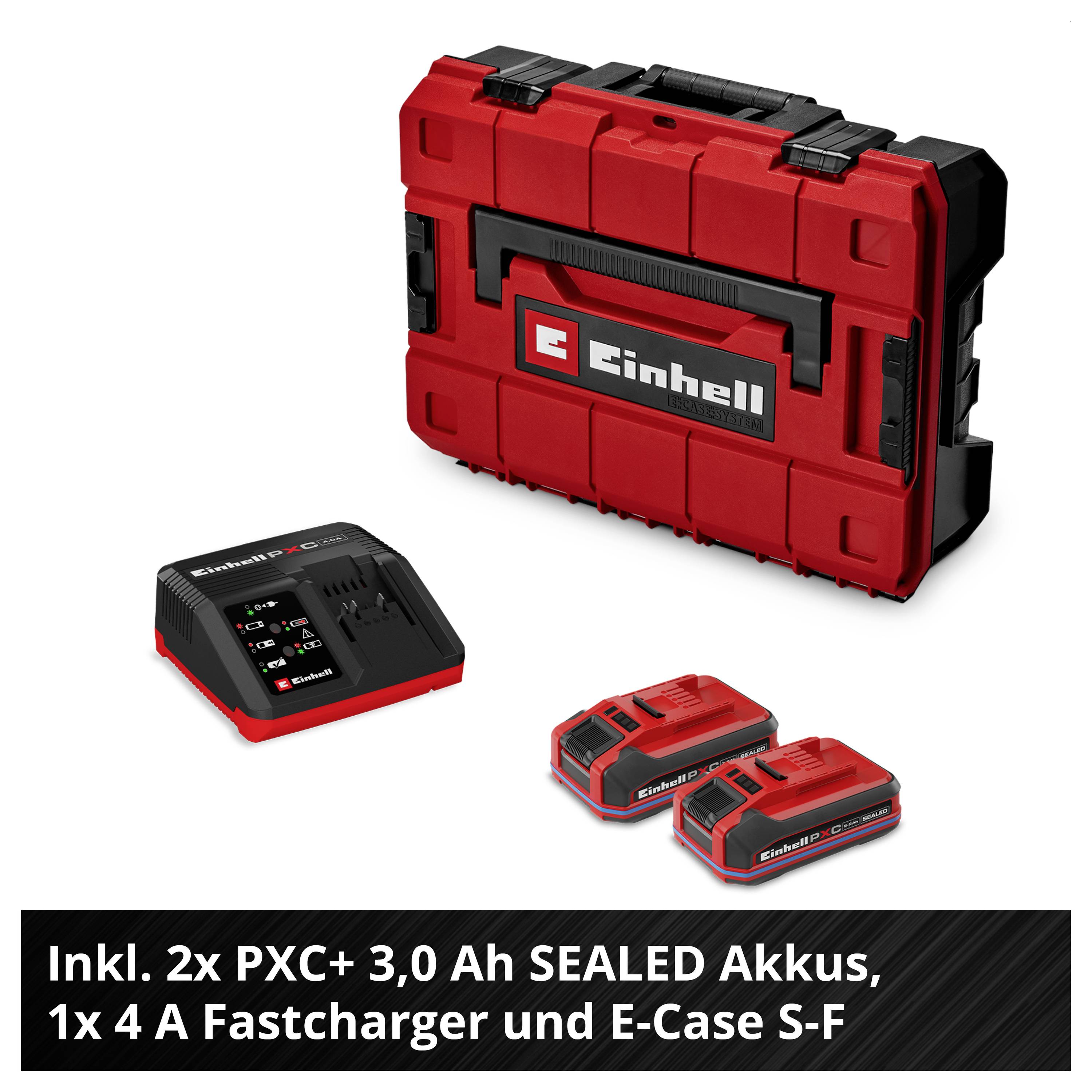 Produktobrázek Einhell E-Case S-F se 2 akumulátory PXC+ 3,0 Ah a rychlonabíječem 4 A; Text: 'Včetně 2x akumulátor PXC+ 3,0 Ah SEALED, 1x rychlonabíječ 4 A a E-Case S-F'