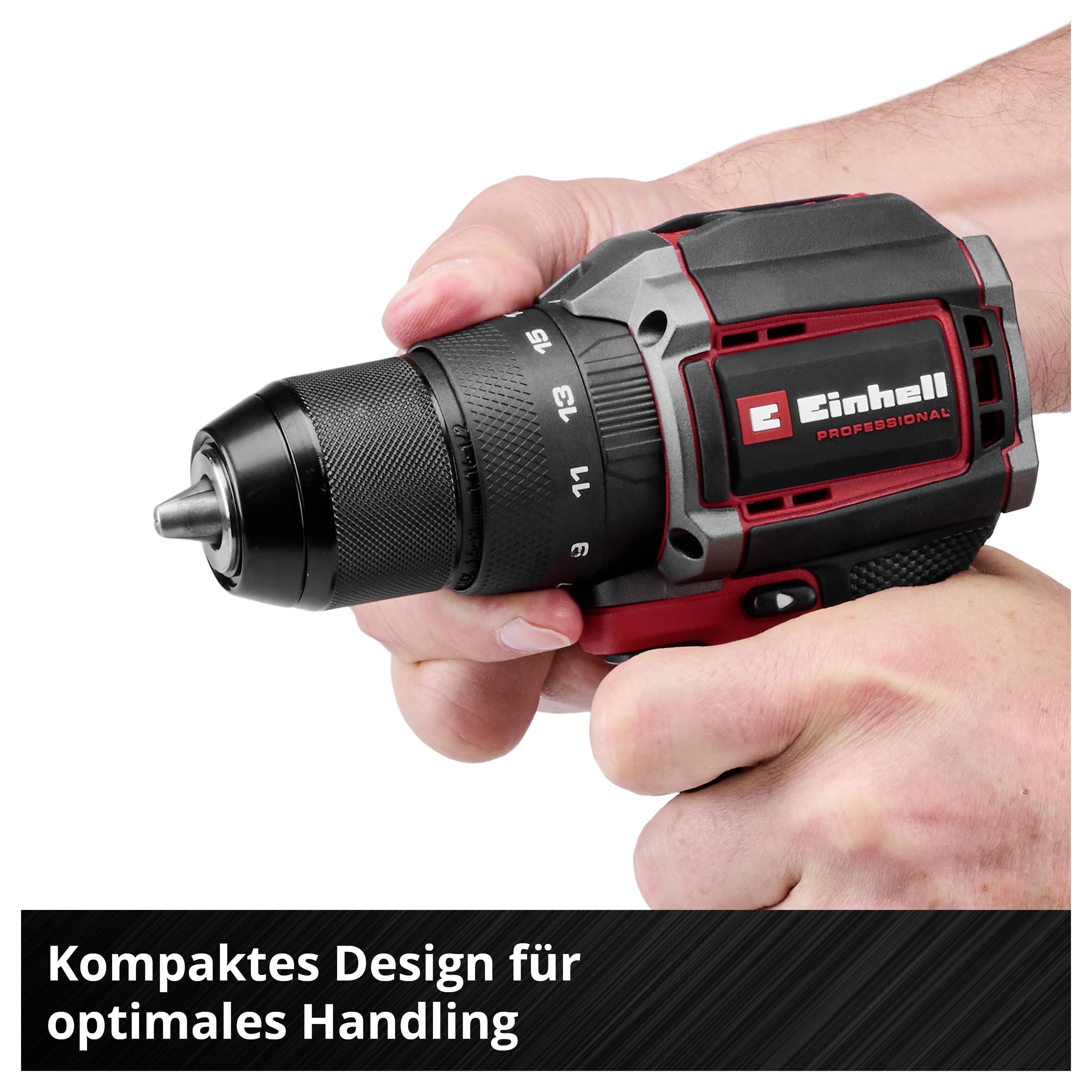 Ruka drží kompaktní profesionální akumulátorový vrtací šroubovák Einhell s vrtací hlavicí; dole je napsáno „Kompaktní design pro optimální manipulaci".
