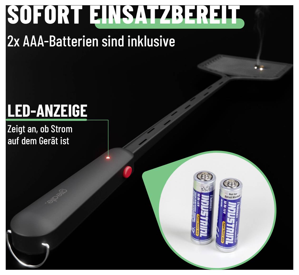 Elektrizovaná muší léčka s LED indikátorem a dvěma bateriemi AAA v balení; text říká „okamžitě připraveno k použití" a „ukazuje, když je napájení zapnuto".