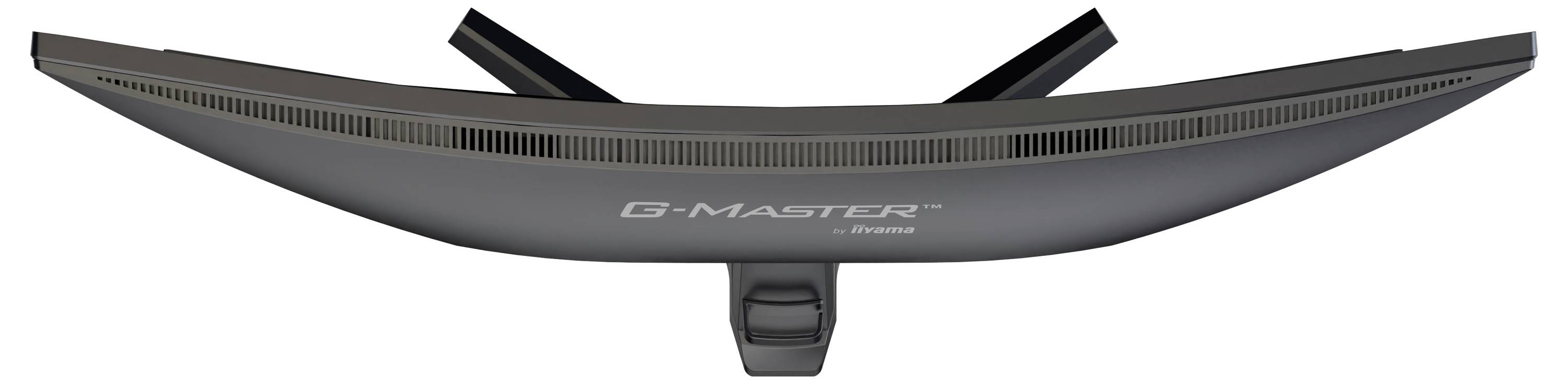 Přední pohled na zakřivený stojan monitoru G-MASTER v tmavě šedé barvě, vystředěný s podpůrnou konzolou pod ním.