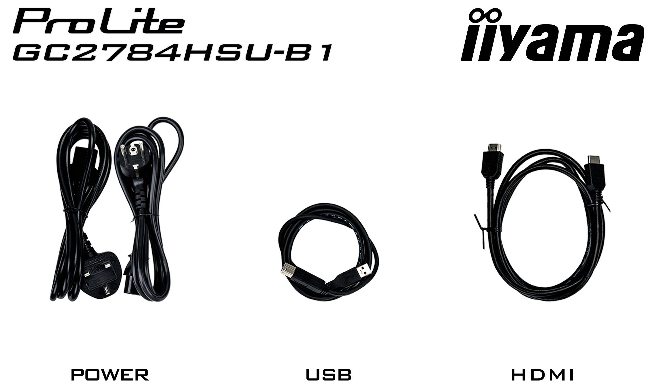 Produktový obrázek příslušenství monitoru iiyama ProLite GC2784HSU-B1: napájecí kabel, kabel USB a kabel HDMI.