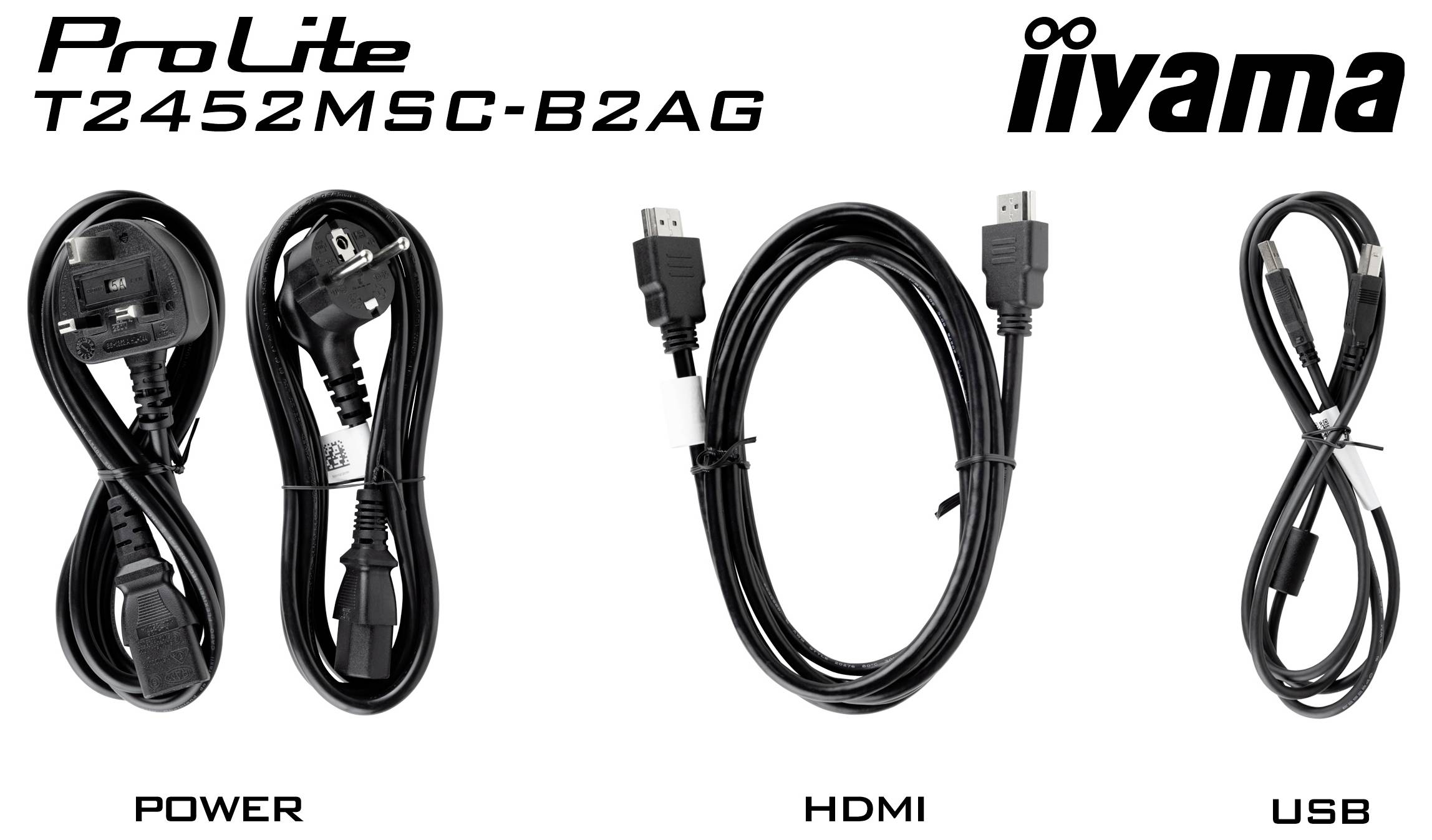 iiyama ProLite T2452MSC-B2AG monitor příslušenství zobrazeno: napájecí kabel, HDMI kabel a USB kabel.