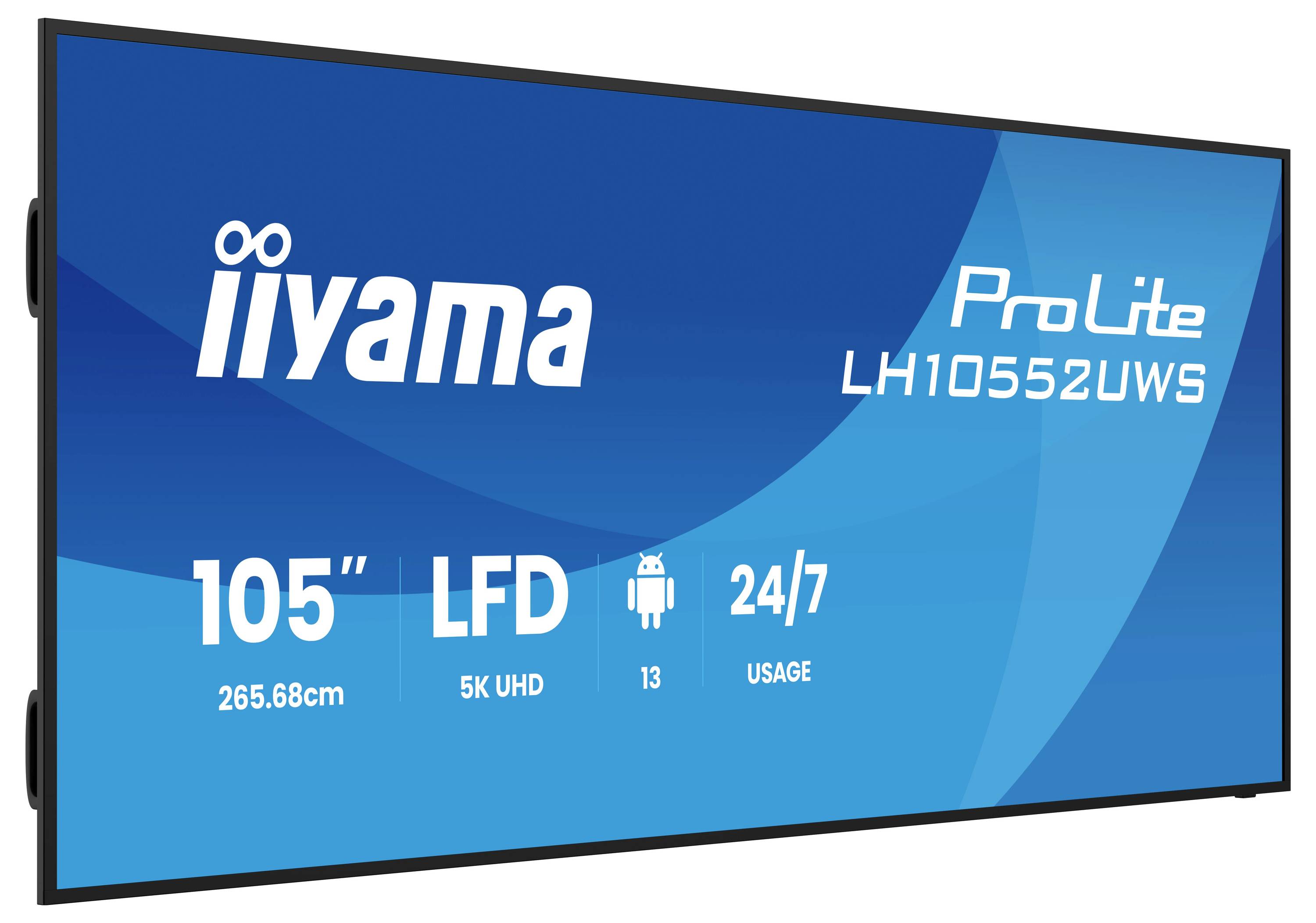 Produktový obrázek displeje iiyama ProLite LH10552UWS s uhlopříčkou 105 palců LFD, zobrazující funkce 5K UHD, Android 13 a 24/7 provoz.