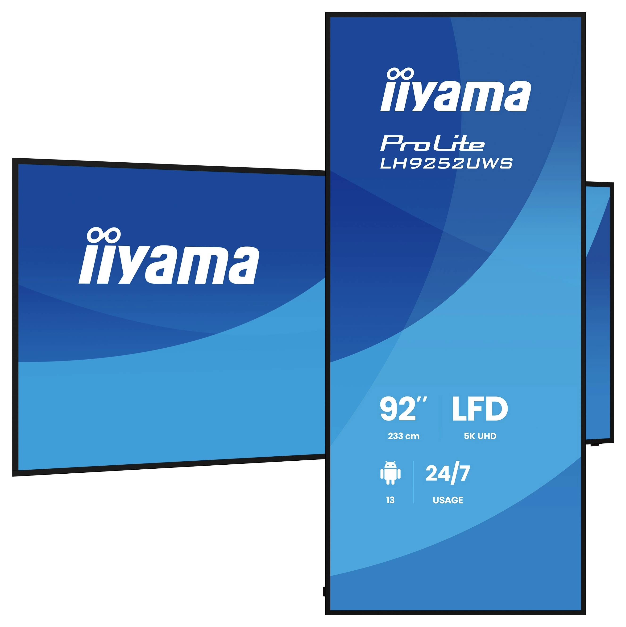 Iiyama ProLite LH9252UWS displej pro digitální signalizaci zobrazený na výšku a na šířku, označený 92" LFD, 5K UHD a 24/7 provoz.