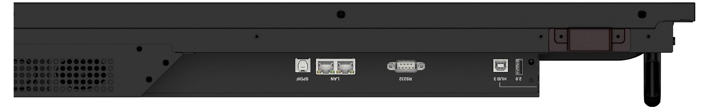 Detailní pohled na zadní panel černého elektronického zařízení s několika porty, větrací otvory a vypínačem napájení.