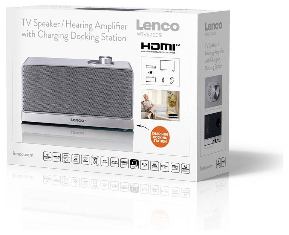Produktová krabice pro reproduktor Lenco TV s zesilovačem sluchu a nabíjecí dokovací stanicí, která zobrazuje podporu HDMI a obrázek reproduktoru na obalu.