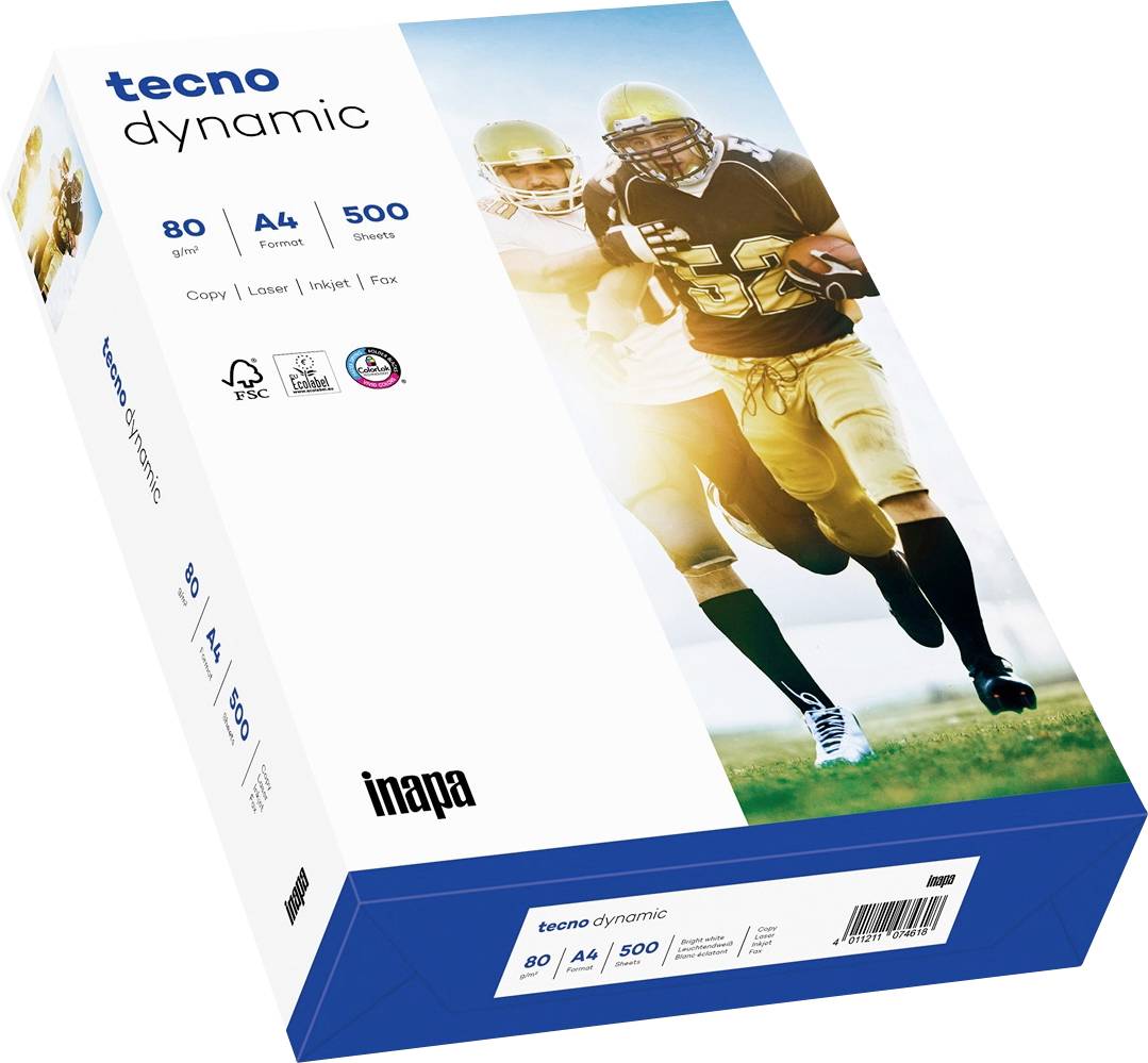 Papírová krabice Tecno Dynamic s obrázkem fotbalisty, označená 80 g/m², formát A4, 500 listů a značkou Inapa.