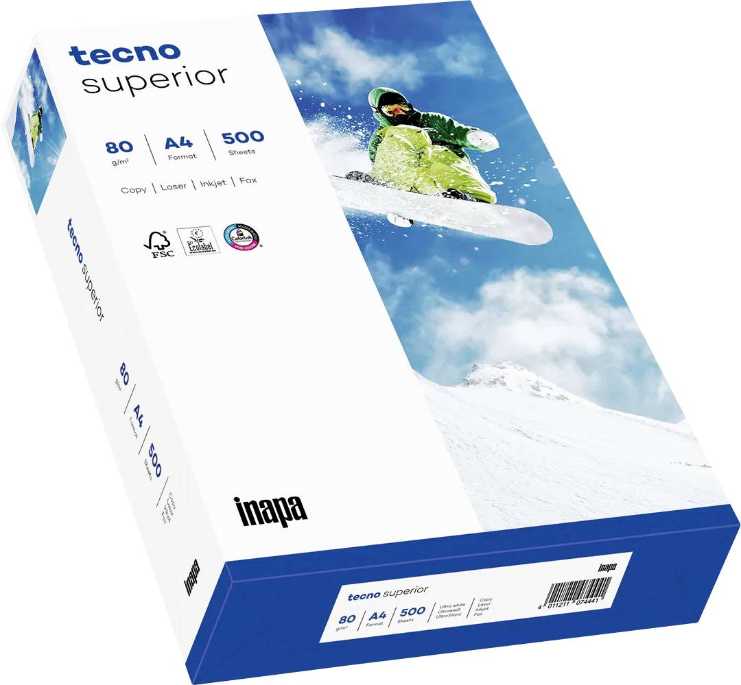 Krabice produktu Tecno Superior papír se zobrazením snowboardera a specifikacemi: 80 gsm, A4, 500 listů, s brandingem Inapa.
