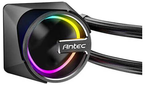 Antecký zásuvný chladič procesoru s kruhově osvětleným RGB čelem a dvěma pletenými hadicemi rozšiřujícími se doprava.