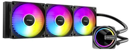 Chladicí zařízení CPU kapalinové chlazení Antec s trojitým RGB ventilátorem radiátoru a osvětleným blokem čerpadla, zobrazeno se spojenými hadičkami.