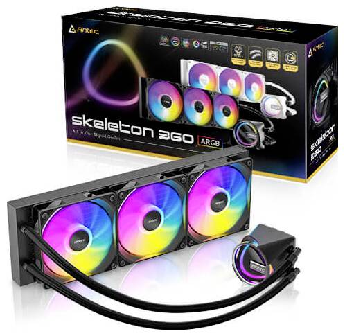 Antec Skeleton 360 ARGB kapalinový chladič CPU s třemi duhou-osvětlenými ventilátory, čerpadlem, hadicemi a maloobchodním balením v pozadí.