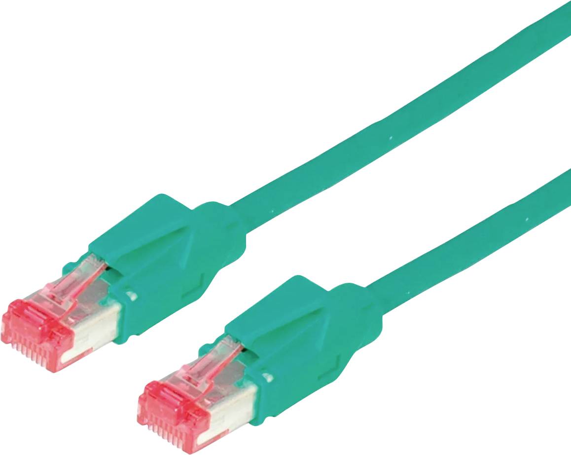 Dva zelené ethernetové kabely s červenými konektory RJ45 na bílém pozadí.