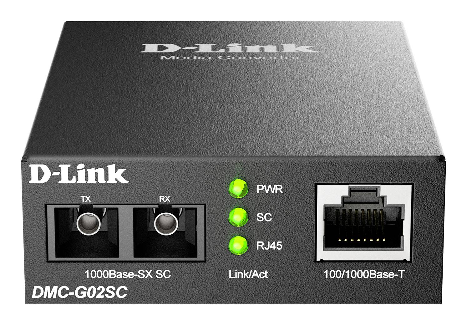 Přední pohled na konvertor médií D-Link DMC-G02SC s porty SC optického vlákna, portem RJ45 Ethernet a zelenými stavovými indikátory označenými PWR, SC a RJ45.