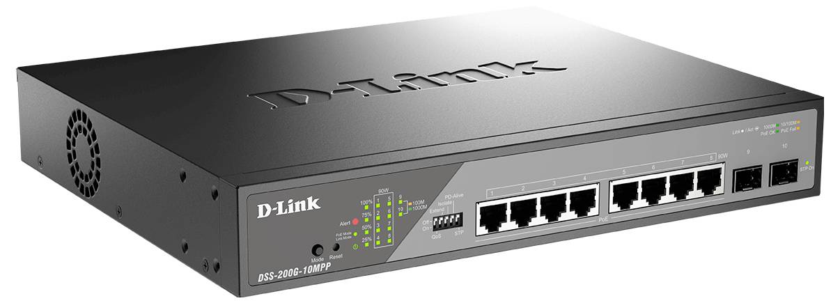 D-Link 16portový rackmountovací ethernetový přepínač zobrazený v úhlu s předními stavovými LED diodami, očíslovanými porty a indikátorem napájení.