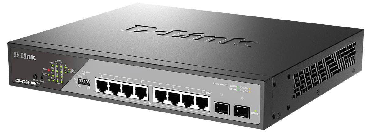 Síťový přepínač D-Link DGS-1100-08MP s 8 porty Ethernet, předními stavovými LED diodami, osmi síťovými porty a dvěma porty uplink v černém kovovém pouzdře