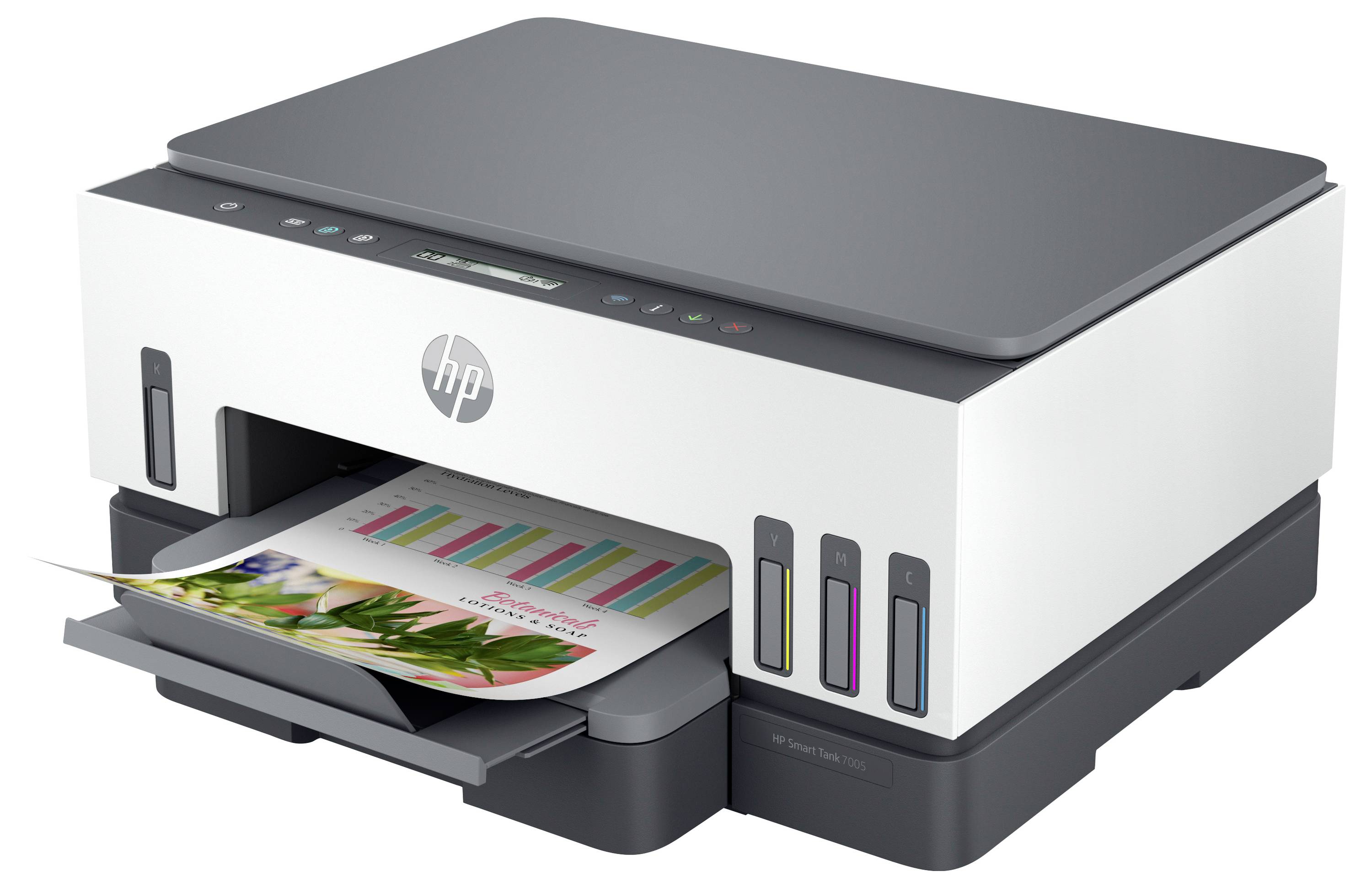 HP multifunkční inkoustový tiskárna tiskne barevnou stránku s viditelnou přední nádržkou inkoustu a výstupní podavačem.