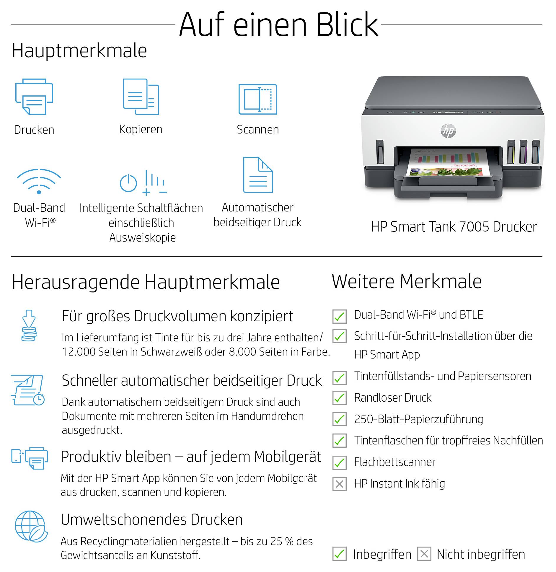 Přehled produktu tiskárny HP Smart Tank 7005 s funkcemi tisku, kopírování a skenování, WiFi, automatického oboustranného tisku a dalšími vlastnostmi.