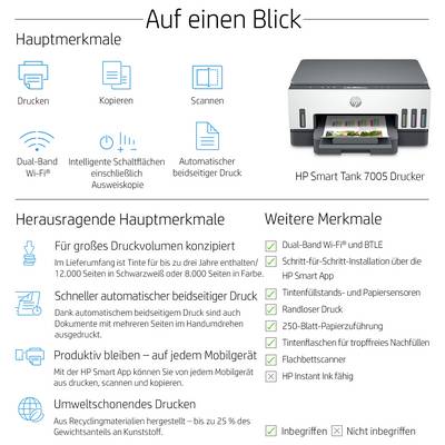 Přehled produktu tiskárny HP Smart Tank 7005 s funkcemi tisku, kopírování a skenování, WiFi, automatického oboustranného tisku a dalšími vlastnostmi.
