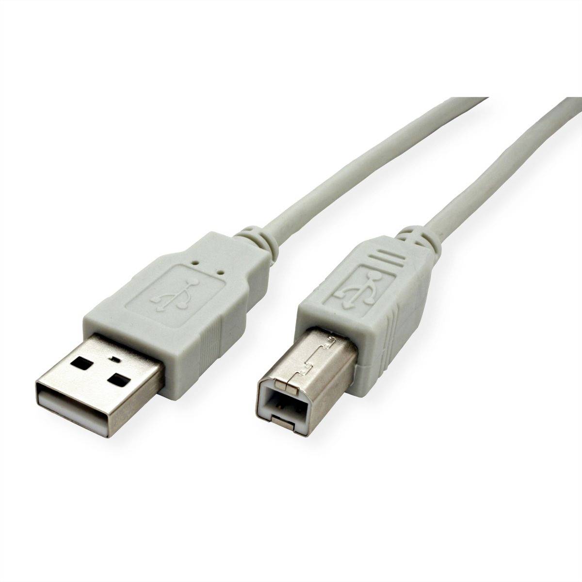 Šedý kabel USB se standardním konektorem USB-A na jednom konci a konektorem USB-B na druhém konci, zobrazený na bílém pozadí.