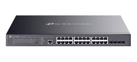 TP-Link Omada montovací ethernetový přepínač do racku s více síťovými porty na přední straně a stavovými LED diodami, zobrazený na bílém pozadí.