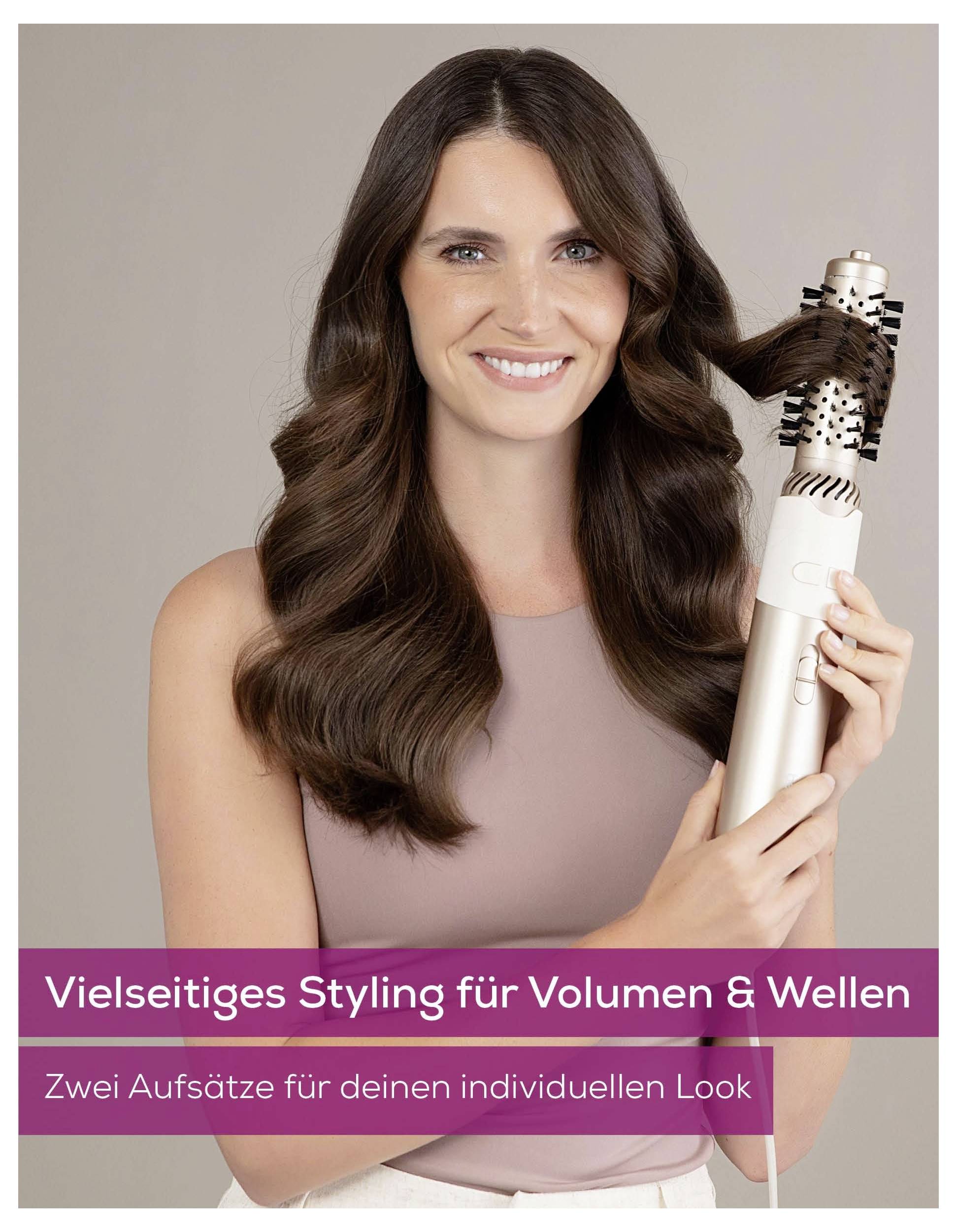 Žena drží kulmovací zařízení s přídavným kusom; text: "Univerzální styling pro objem a vlny" a "Dva přídavné kusy pro tvůj individuální vzhled".