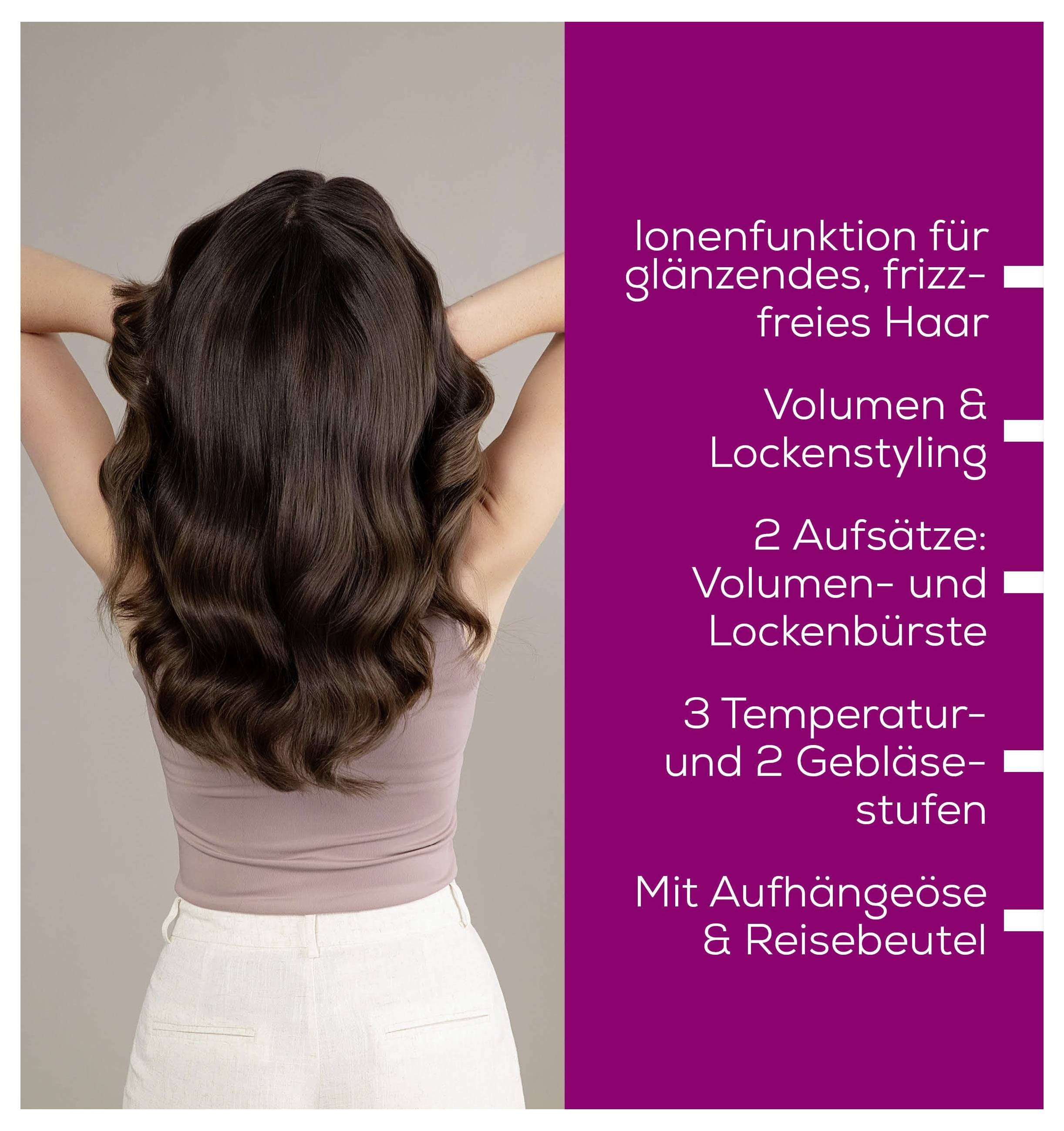 Reklamní grafika s ženou zezadu a lesklými, vlnitými vlasy; vpravo funkce produktu: iontová funkce, objem a tvarování lokn, 2 nástavce, 3 teplotní stupně a 2 stupně proudění vzduchu, závěsná smyčka a cestovní pouzdro.