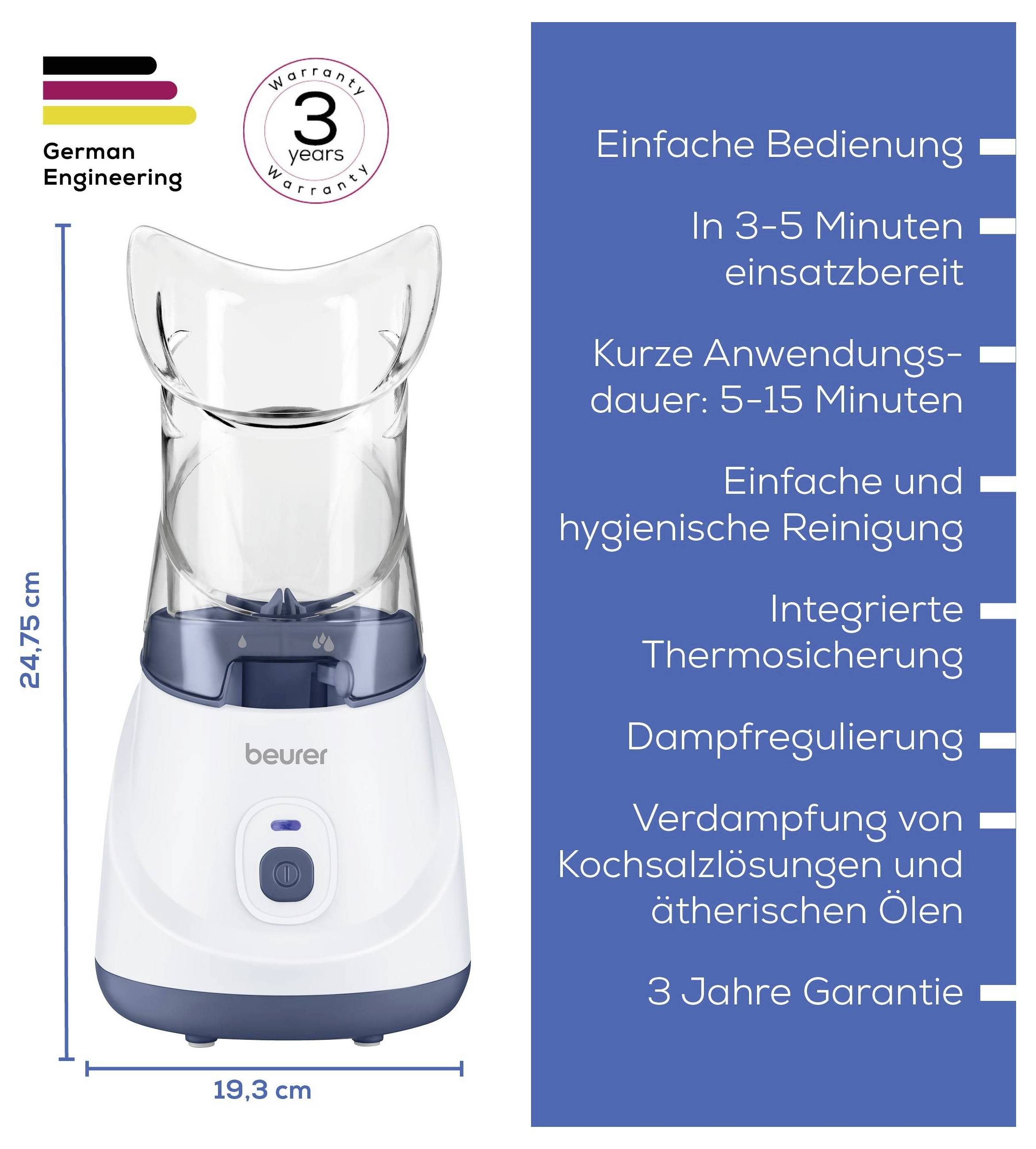 Obrázek produktu inhalátoru Beurer s rozměry 24,75 cm na výšku a 19,3 cm na šířku; vpravo jsou uvedeny vlastnosti jako jednoduché ovládání, 3letá záruka a integrovaná termoregulace.