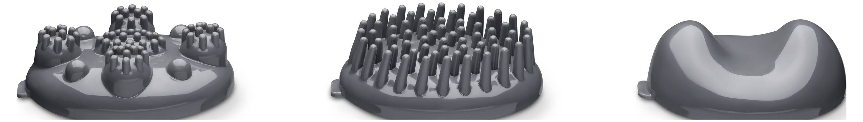 Tři pohledy na šedý ergonomický kartáč na masáž pokožky hlavy s měkkými silikonovými štětinami a zakřiveným držadlem.