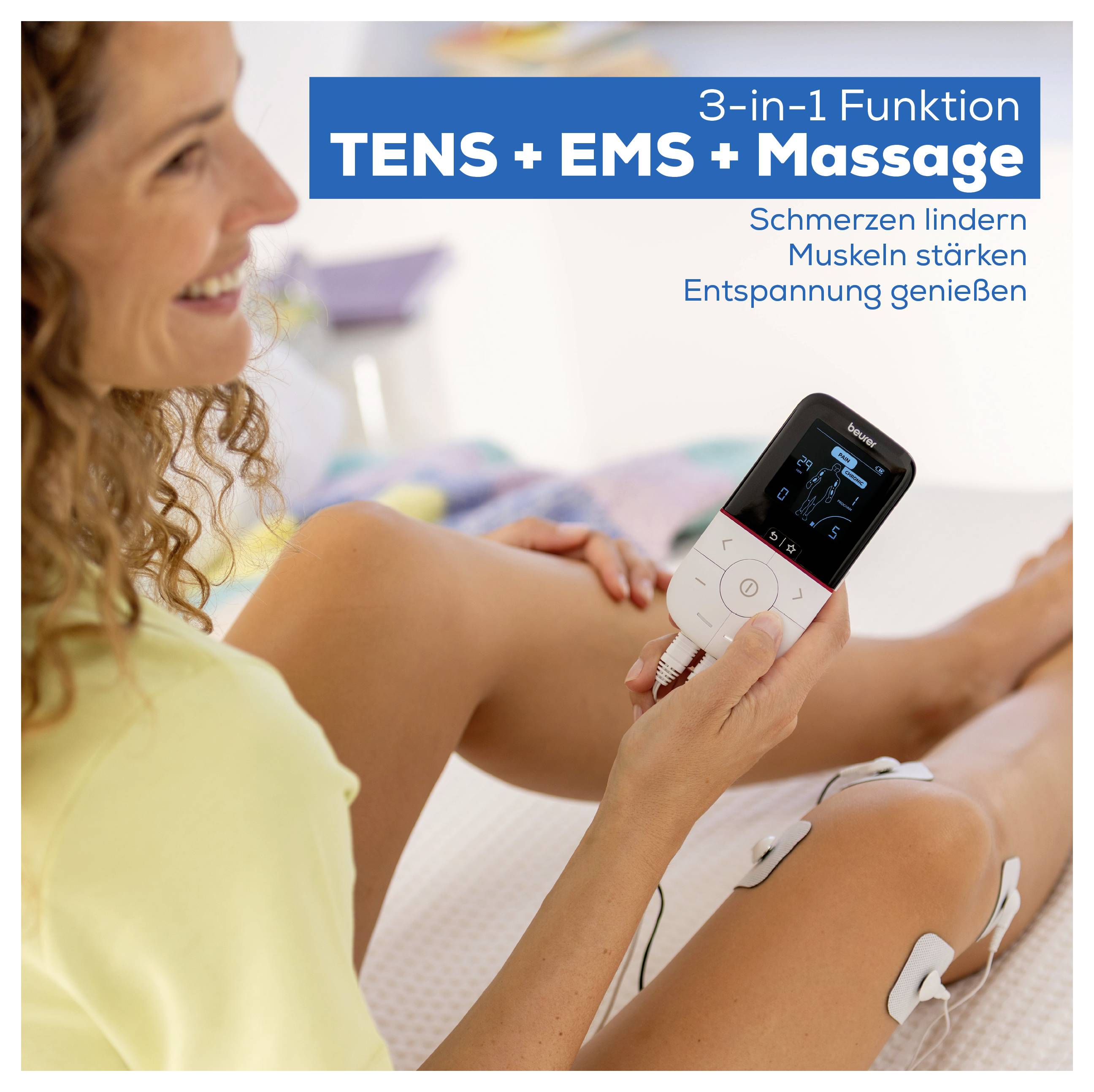 Žena používá TENS/EMS masážní přístroj na noze; Text: '3v1 funkce TENS + EMS + Masáž', 'Zmírňuje bolest, posiluje svaly, vychutnejte si relaxaci'.