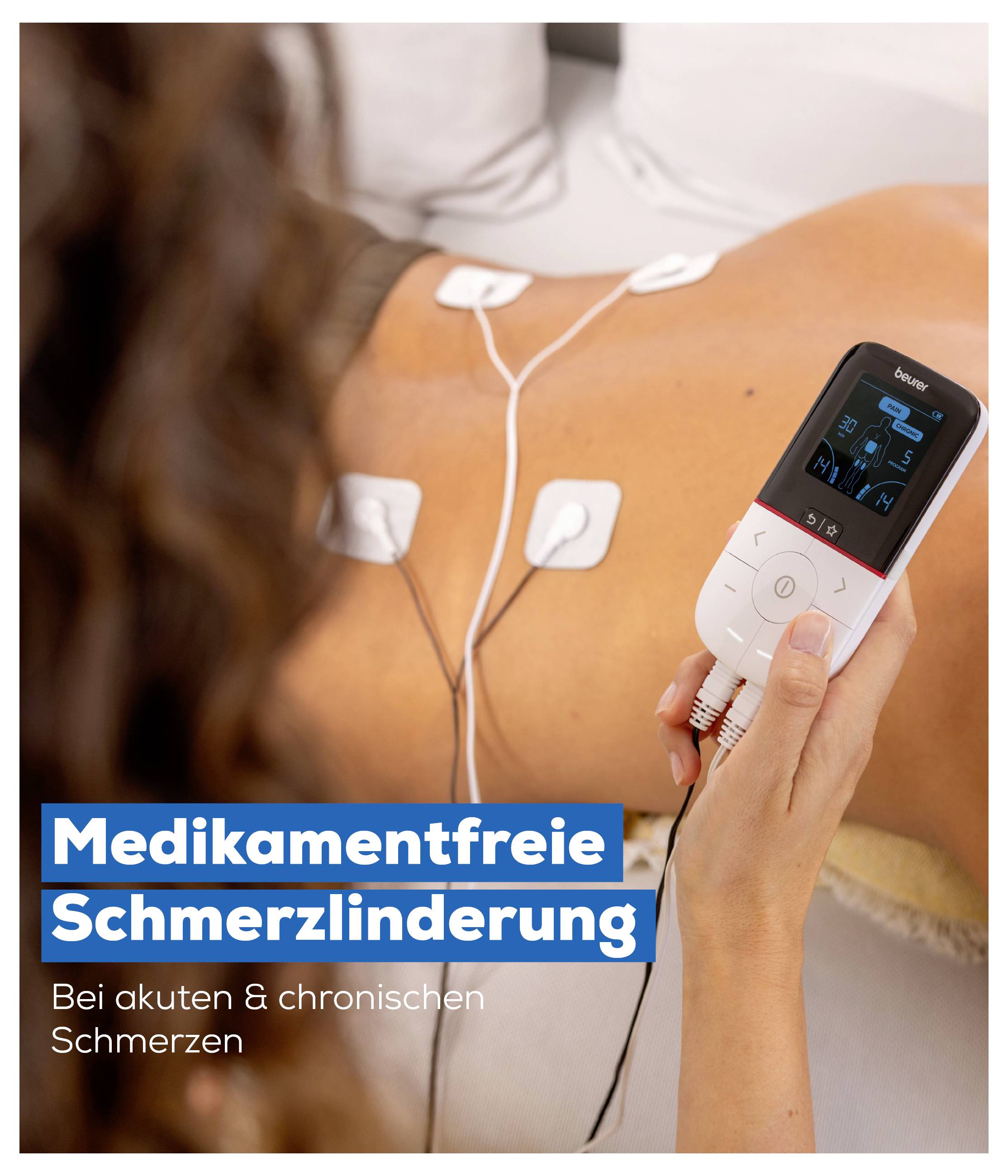 Ruka drží TENS přístroj na zádech s elektrodami; Text: "Bezlékařská úleva od bolesti" a "Při akutní a chronické bolesti".