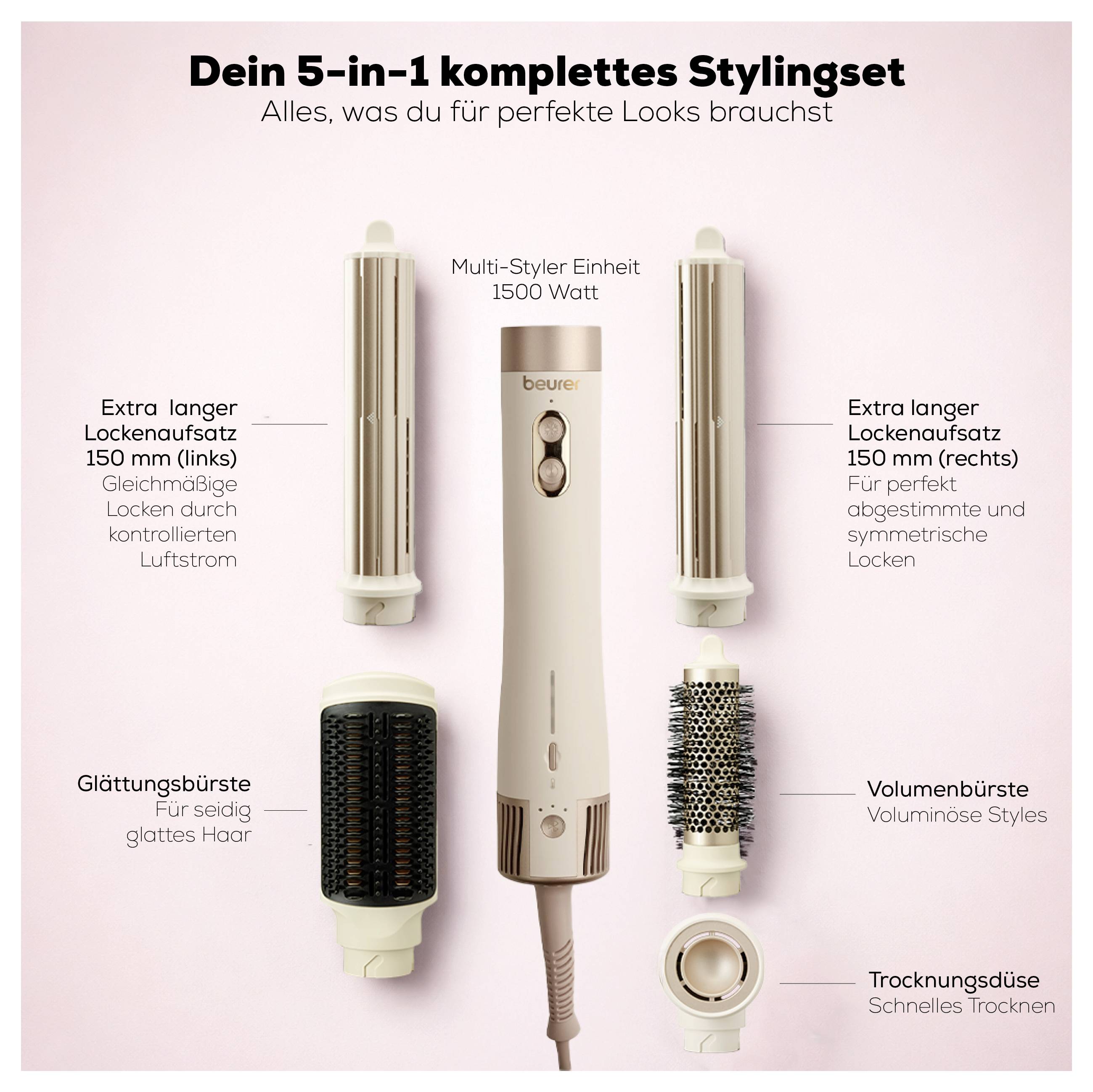Reklamní grafika 5v1 sady na styling: Multi-Styler 1500 Watt se dvěma 150mm konzolami na vlnité vlasy, vyhlazovací, objemovou a sušící hubicí.