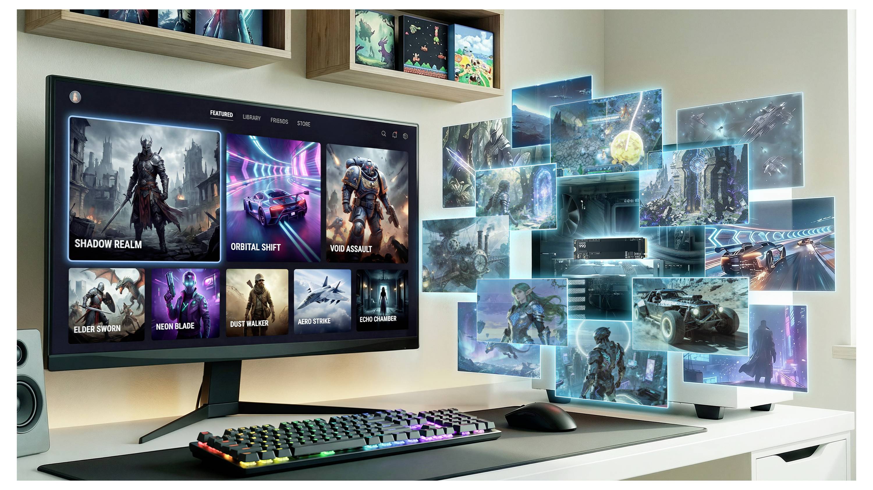 Herní stůl s ultaširokým monitorem zobrazujícím obálku hry, RGB klávesnicí a myší a stěnou plující sci-fi herních obrazovek za ním.