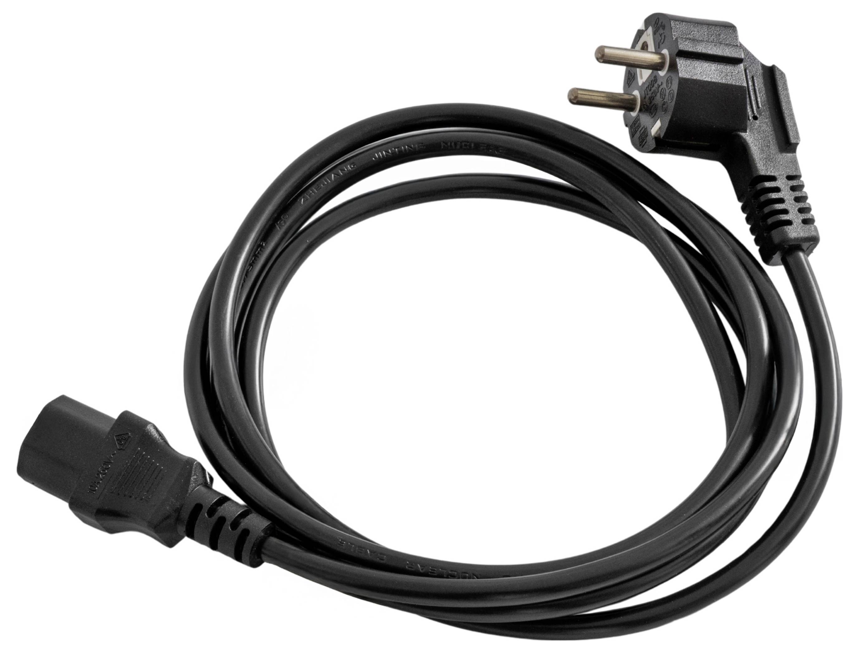Černý stočený napájecí kabel se dvěma kolíky a konektorem pro zařízení na bílém pozadí.