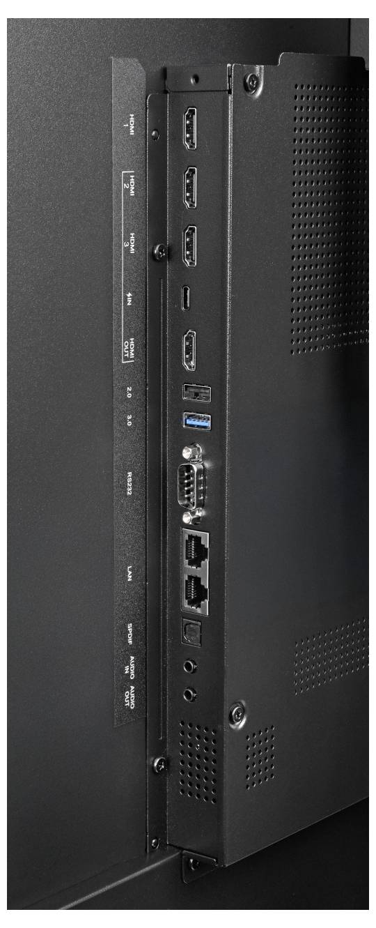 Zadní strana televizoru s porty HDMI, USB, Ethernet a audio porty na černém panelu.