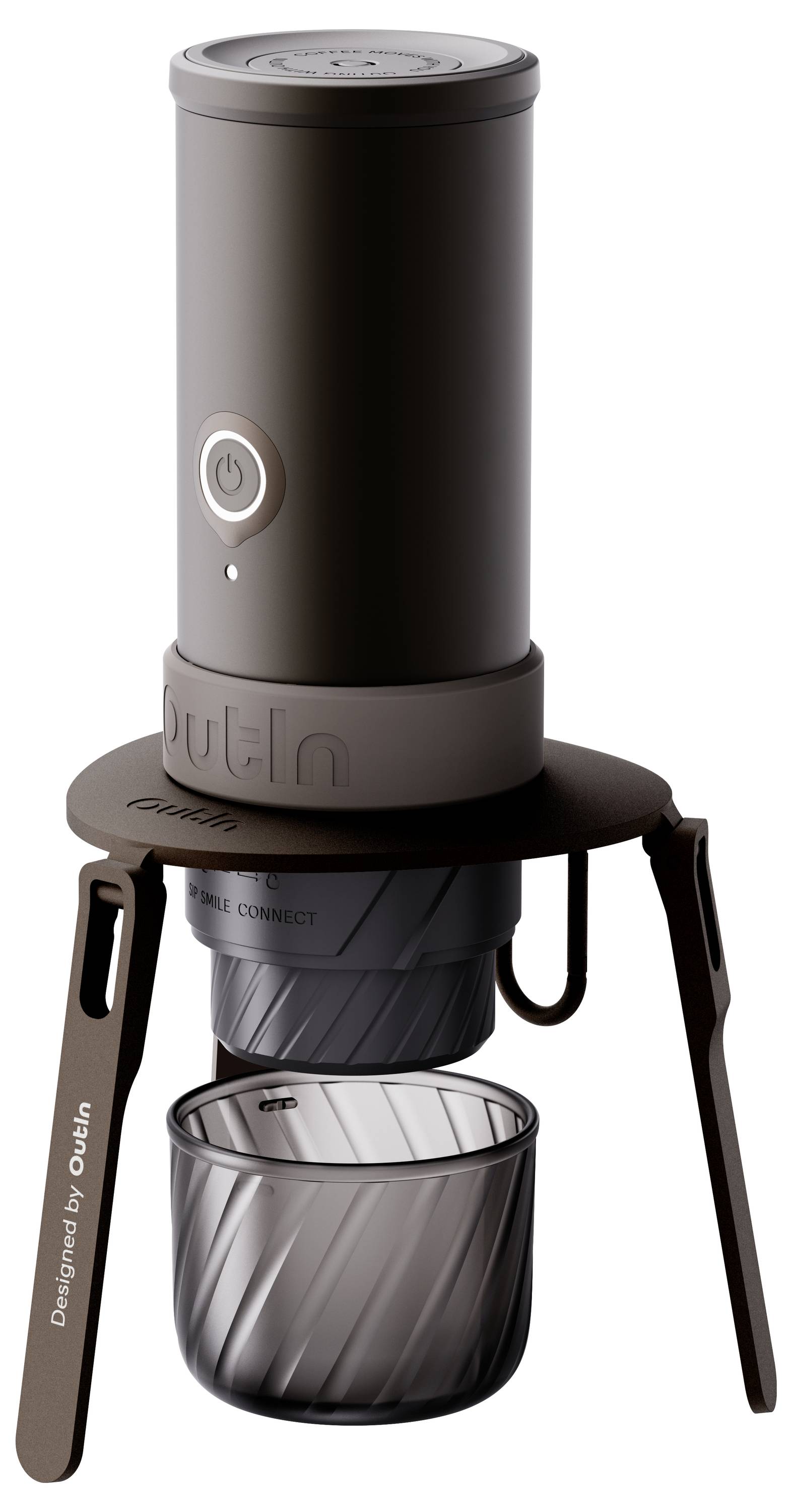 Kompaktní přenosný kávovar s tripod stojánem, vestavěným tlačítkem zapnutí a šálkem pod braškou na vaření